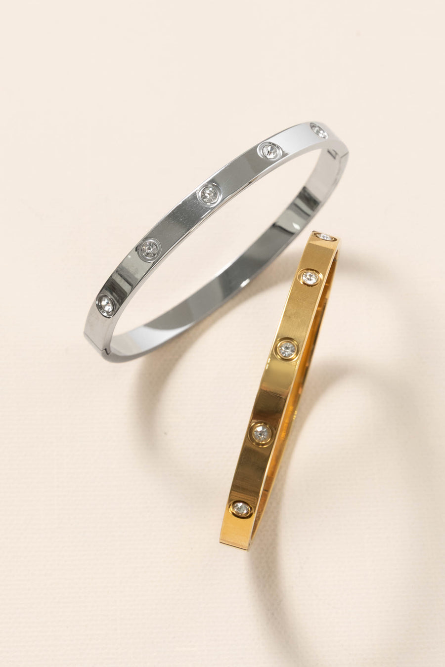 Metal Hinged Bangle Bracelet With Rhinestones