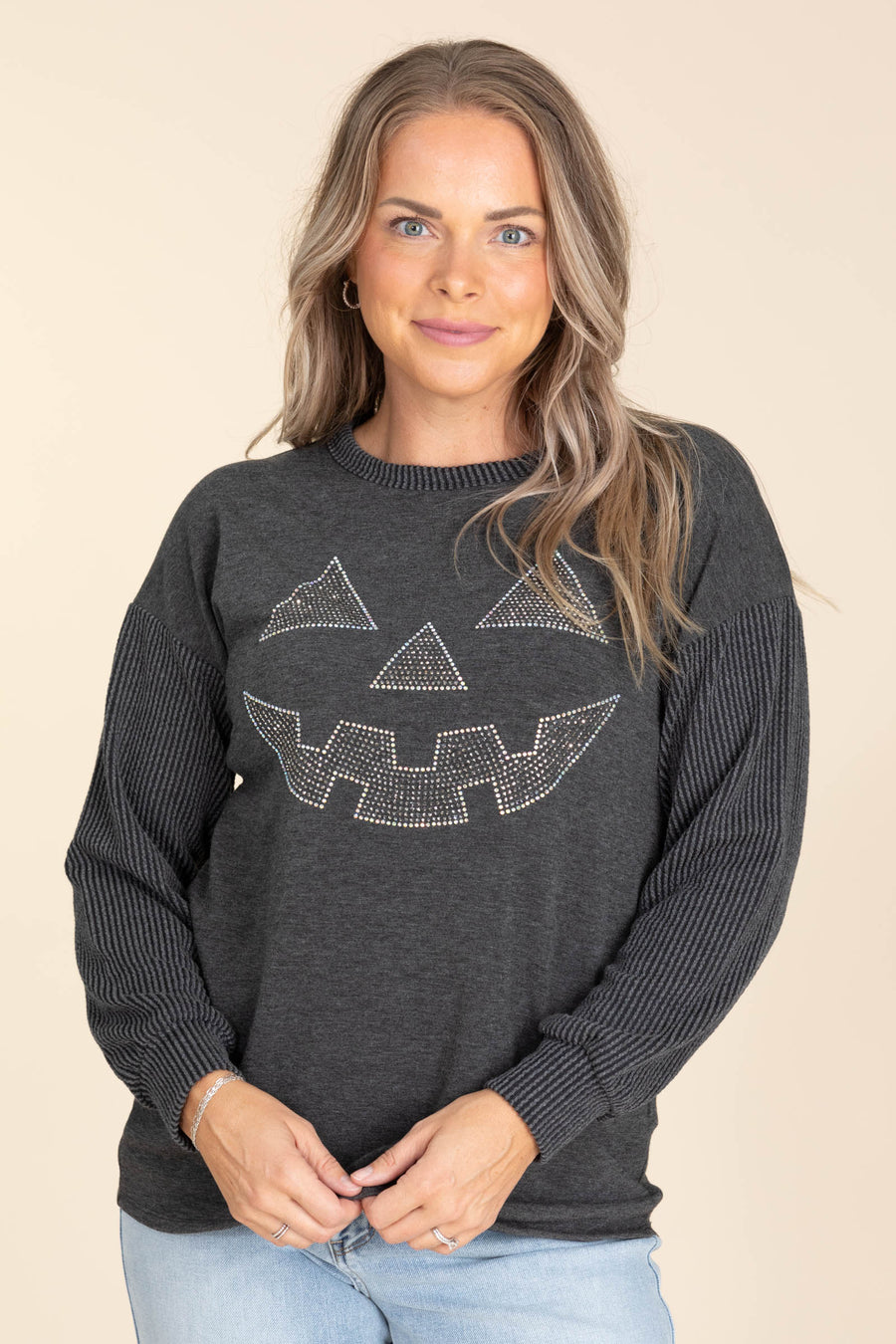 Charcoal Ribbed Halloween Rhinestone Knit Top