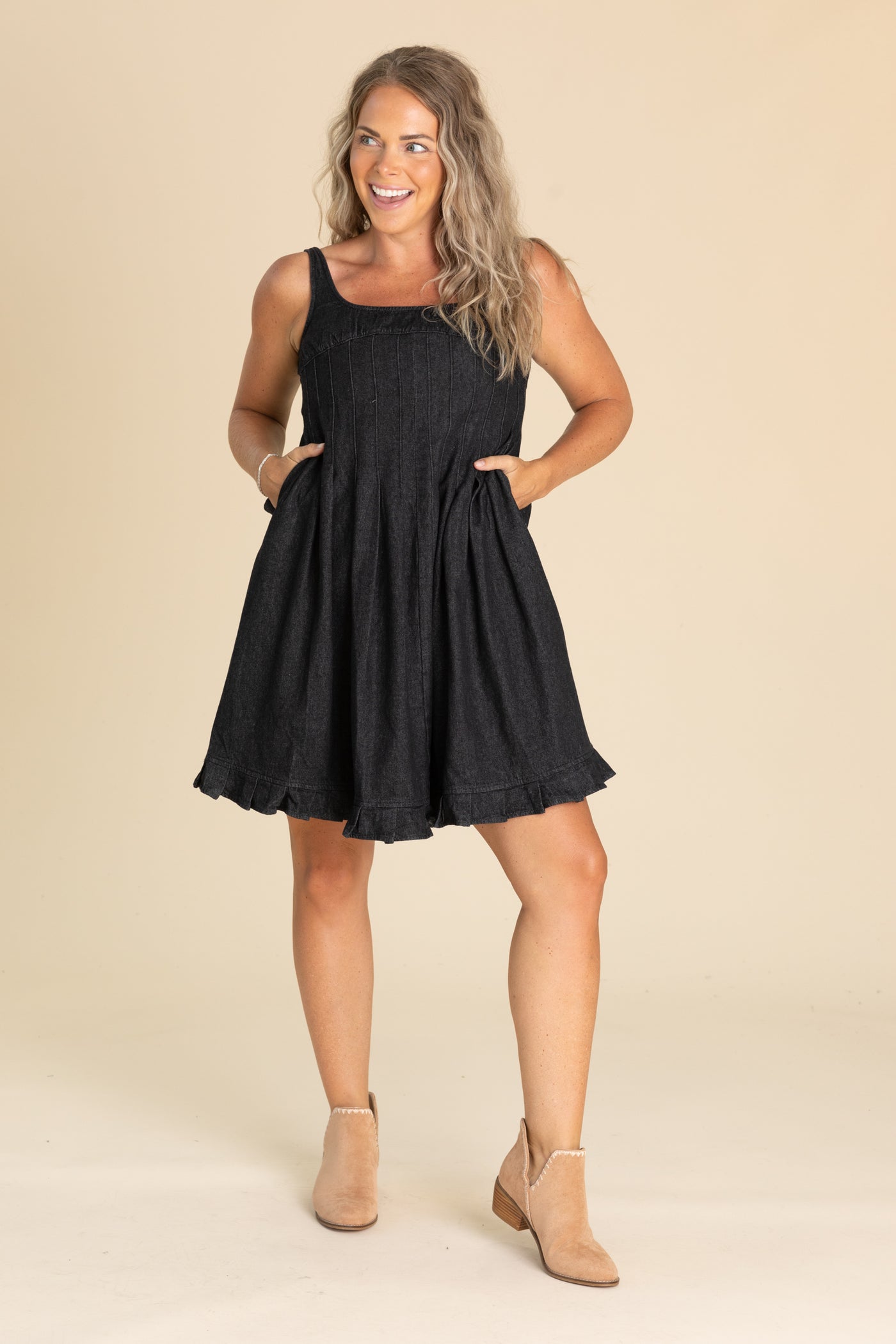 Black Denim Pintuck Detail Dress