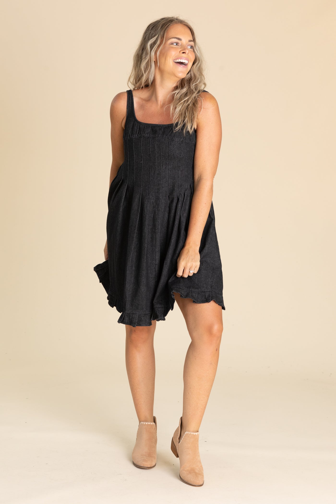 Black Denim Pintuck Detail Dress
