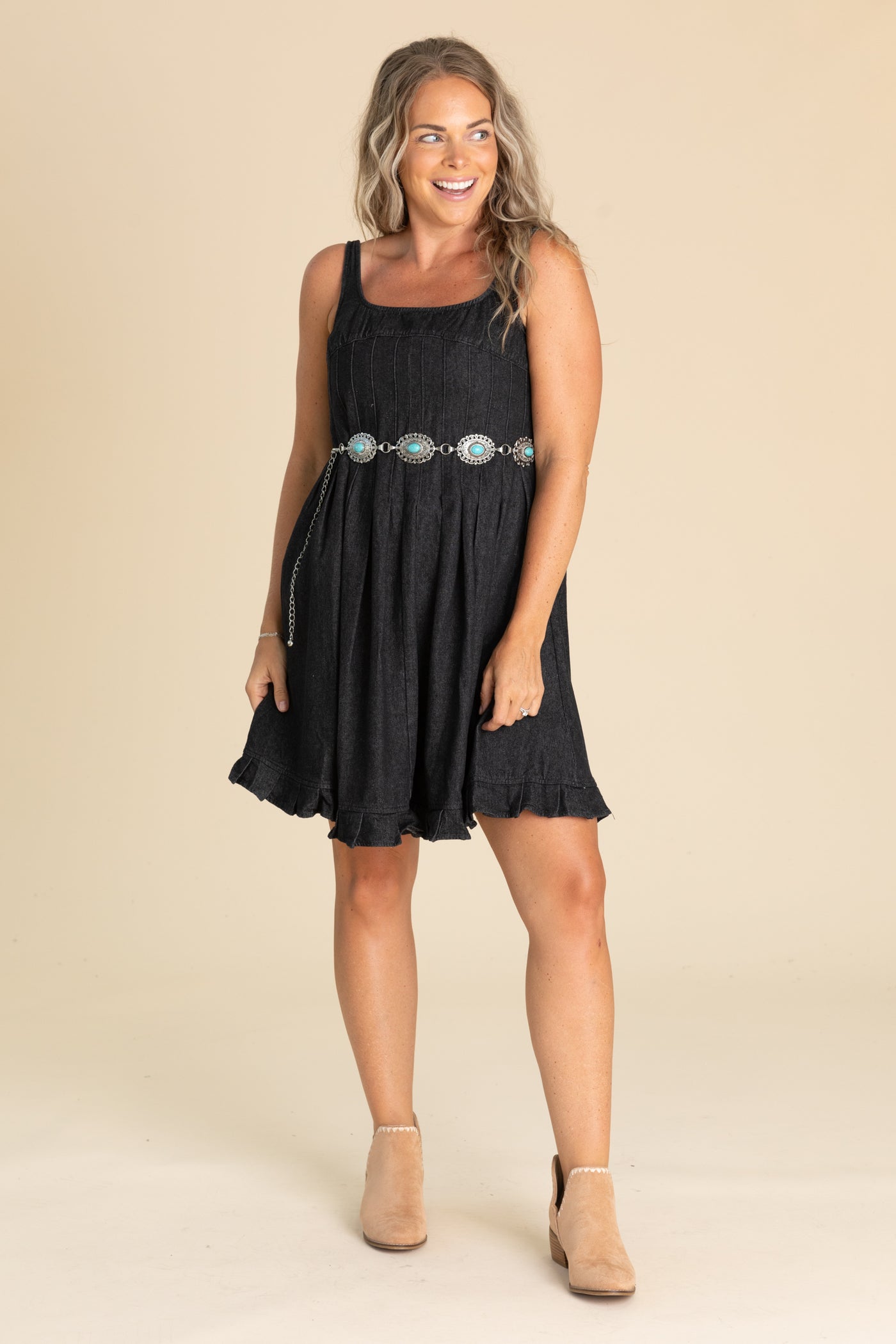 Black Denim Pintuck Detail Dress