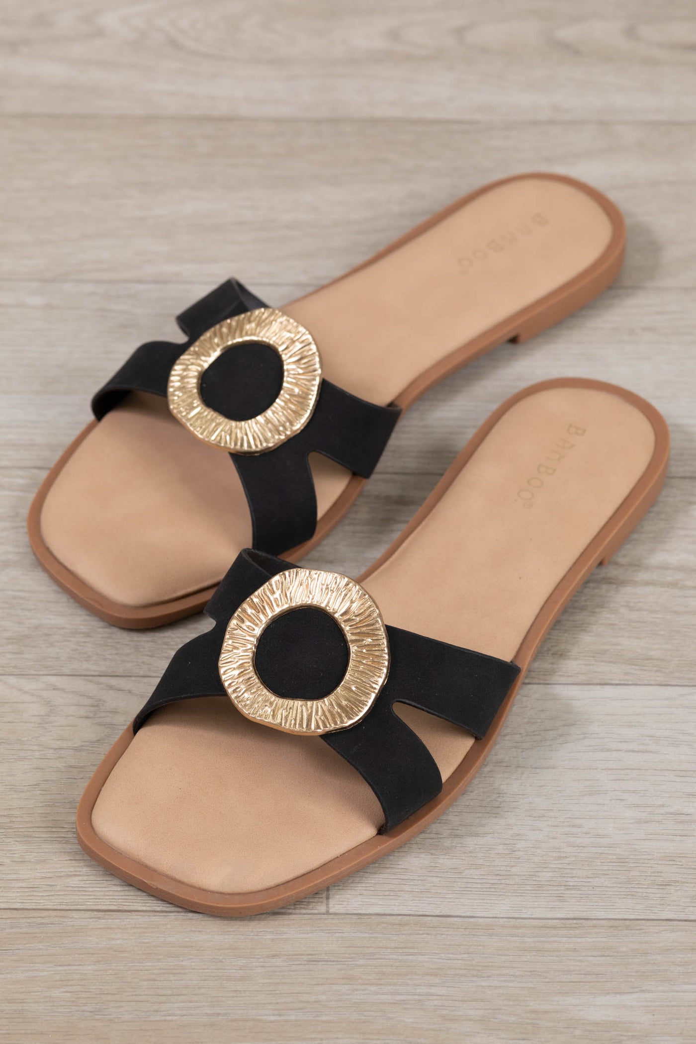 Square Toe Gold Circle Accent Slide Sandals