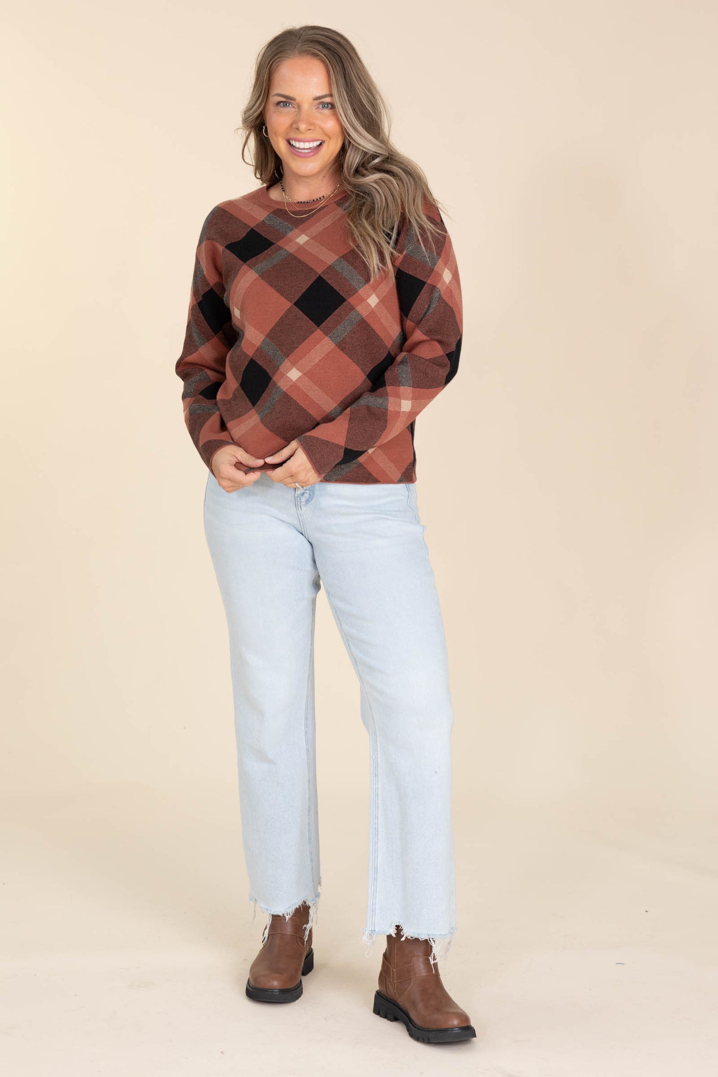 Plaid Crewneck Pullover Sweaters