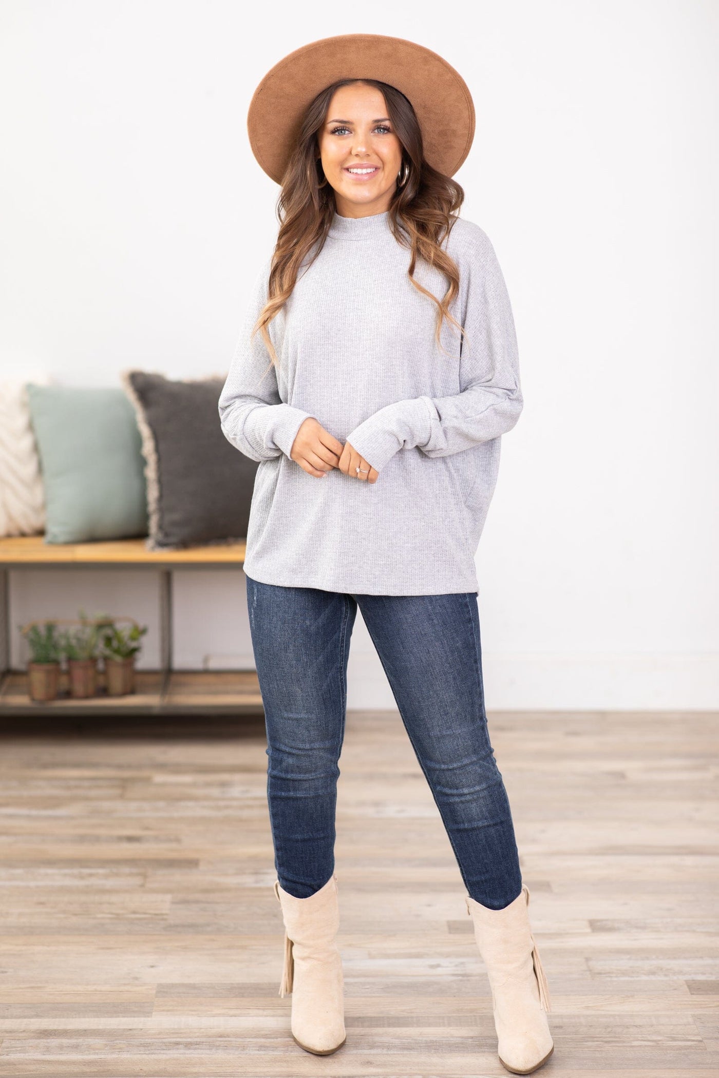 Heather Grey Mock Neck Textured Top - Filly Flair