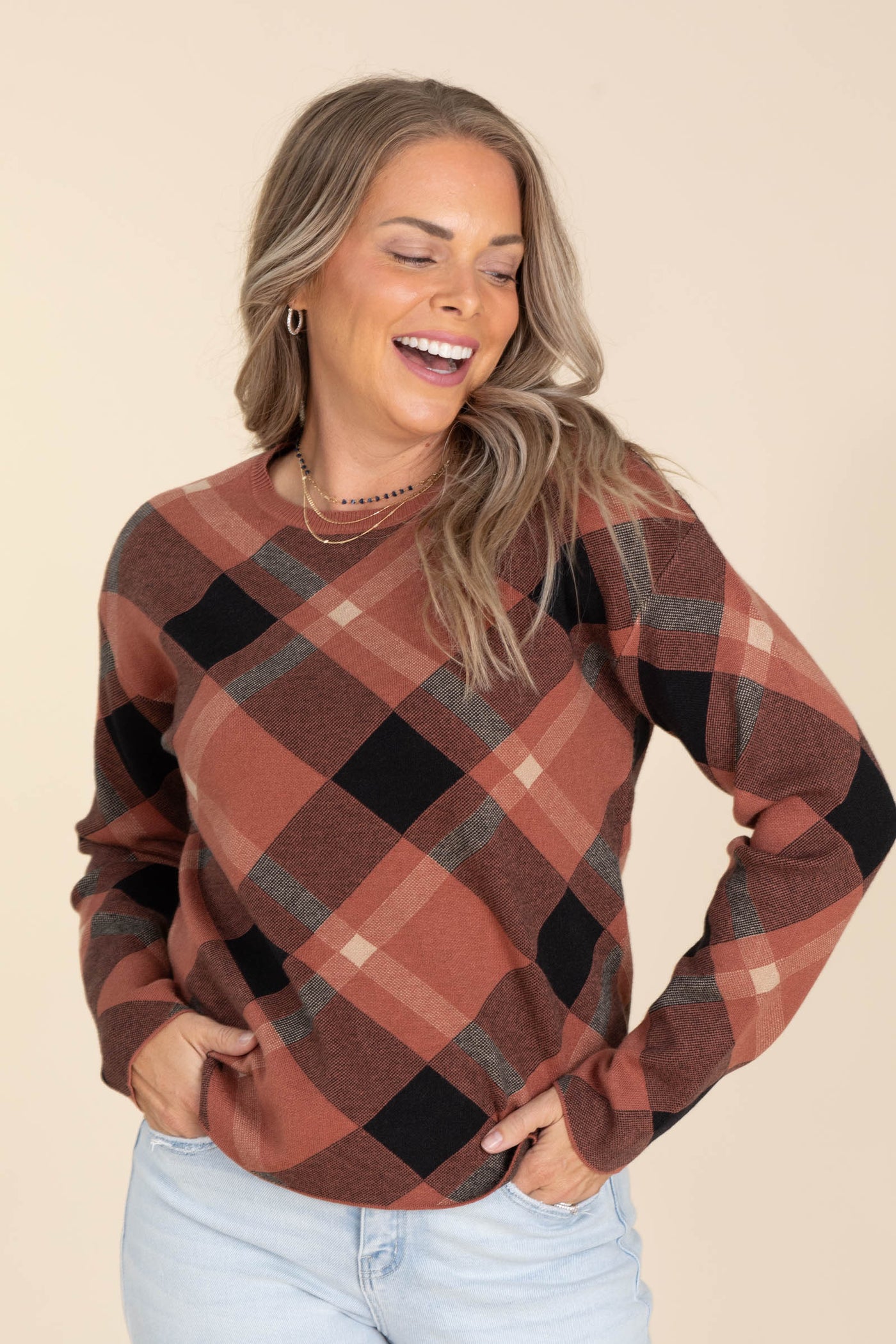 Plaid Crewneck Pullover Sweaters