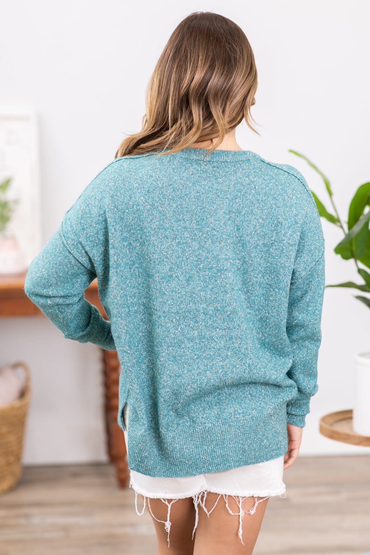Teal Melange Sweater With Pocket - Filly Flair