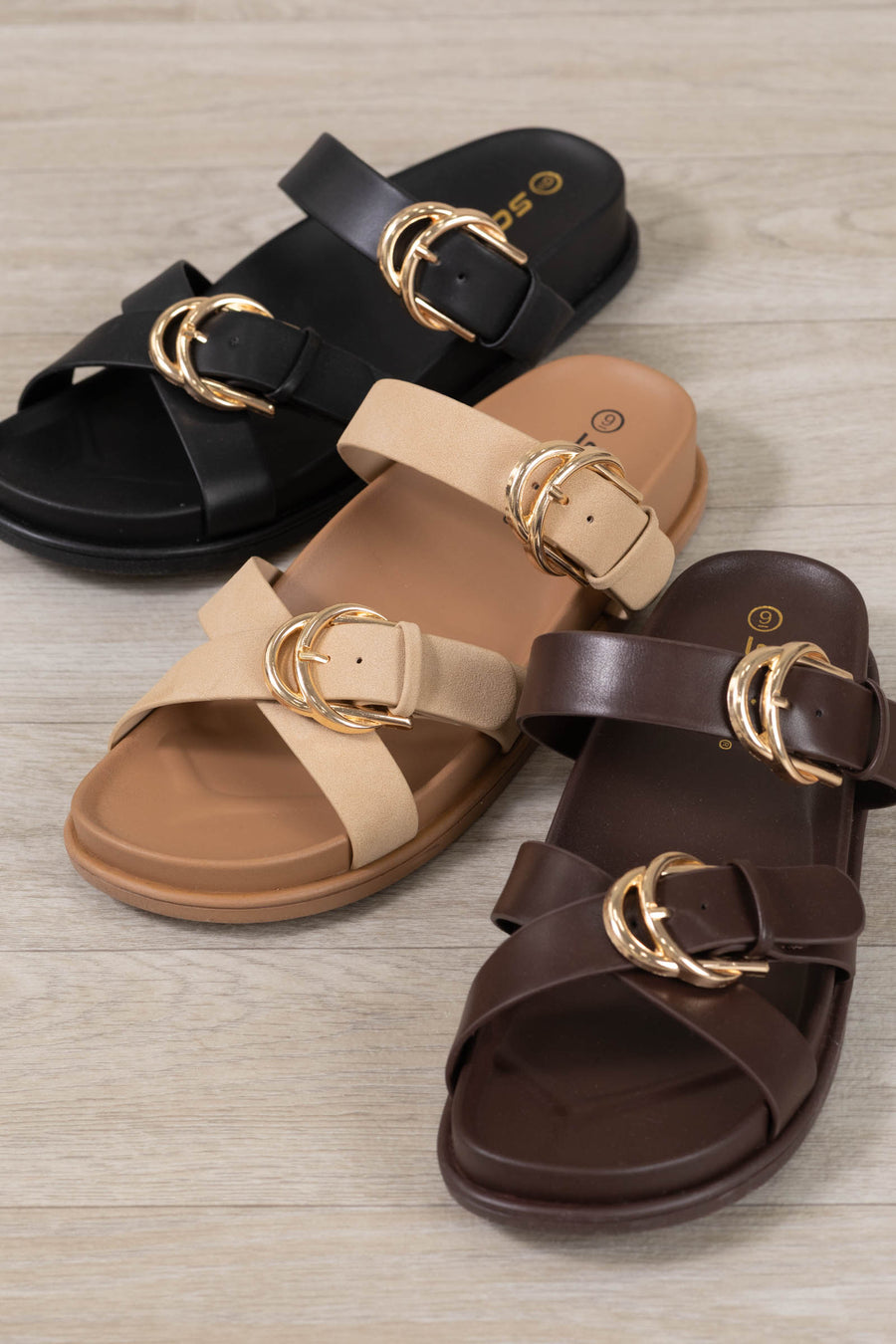 Faux Leather With Gold Buckles Sandals