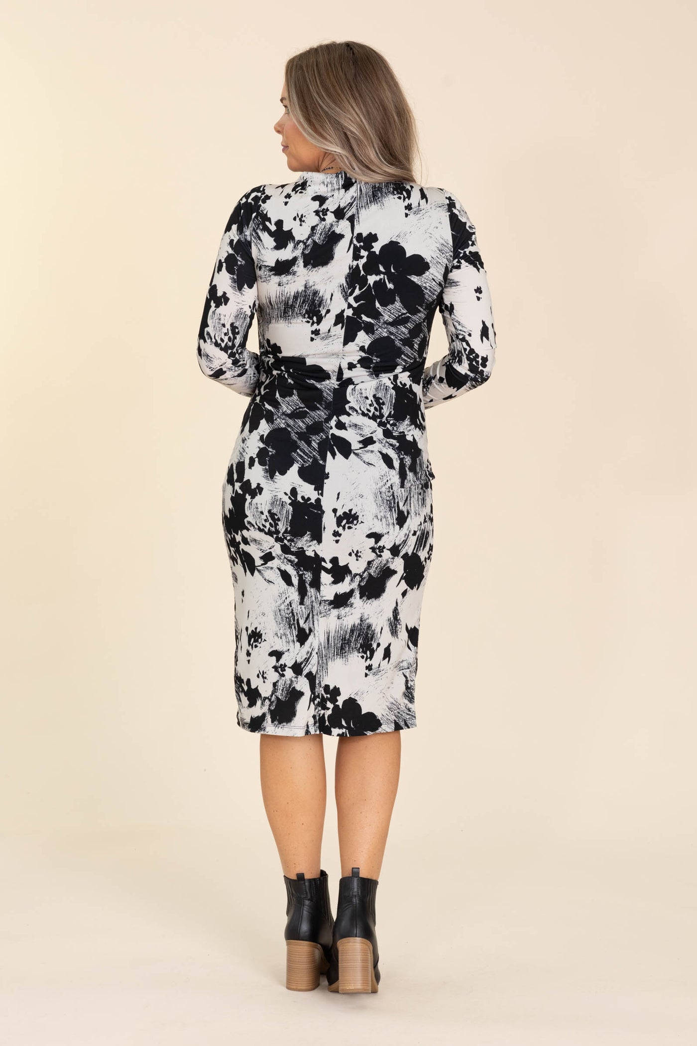 Black Floral Print Mock Neck Midi Dress