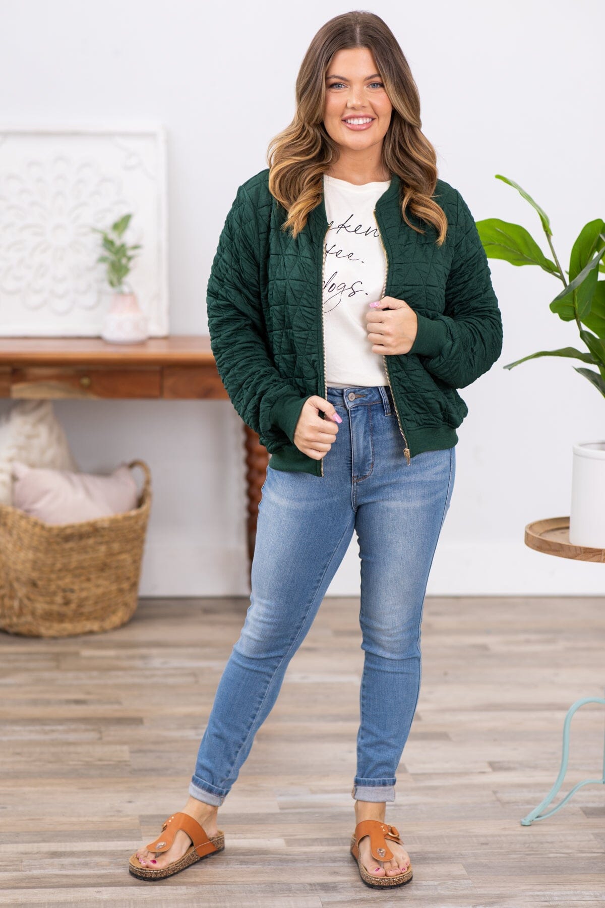 Hunter Green Quilted Bomber Jacket - Filly Flair