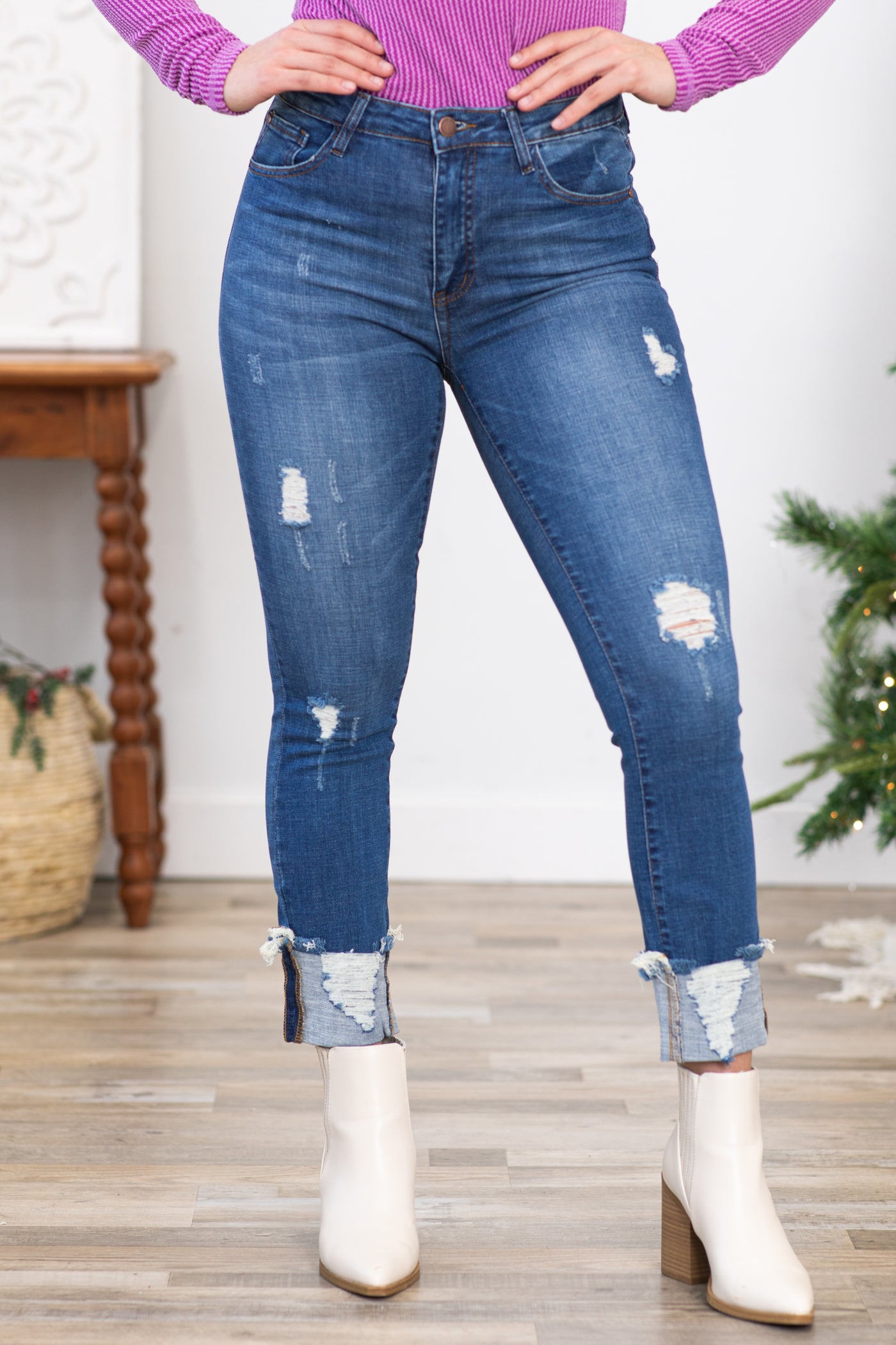 Risen Mid Rise Frayed Cuff Ankle Jeans
