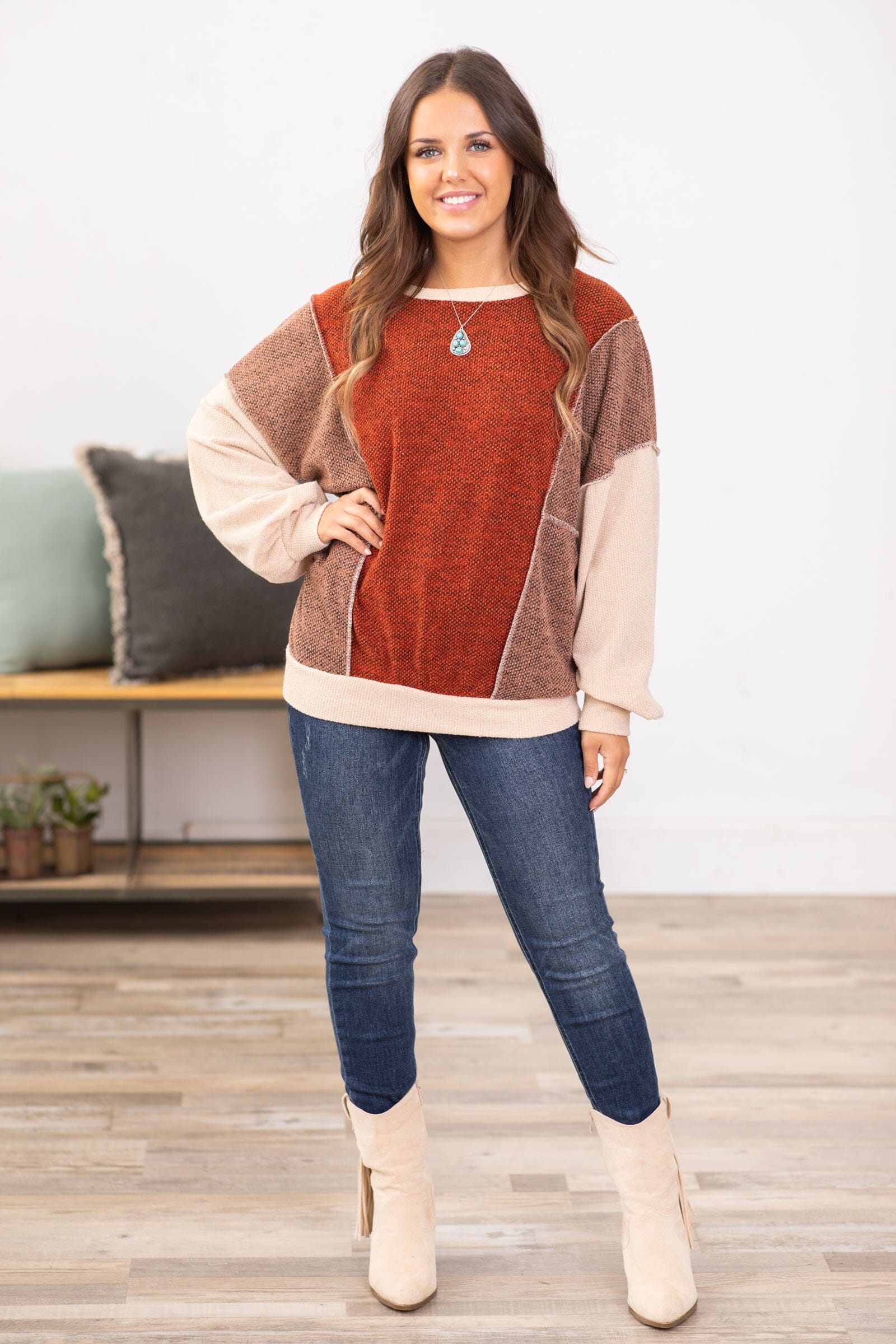 Rust and Mocha Colorblock Textured Top - Filly Flair