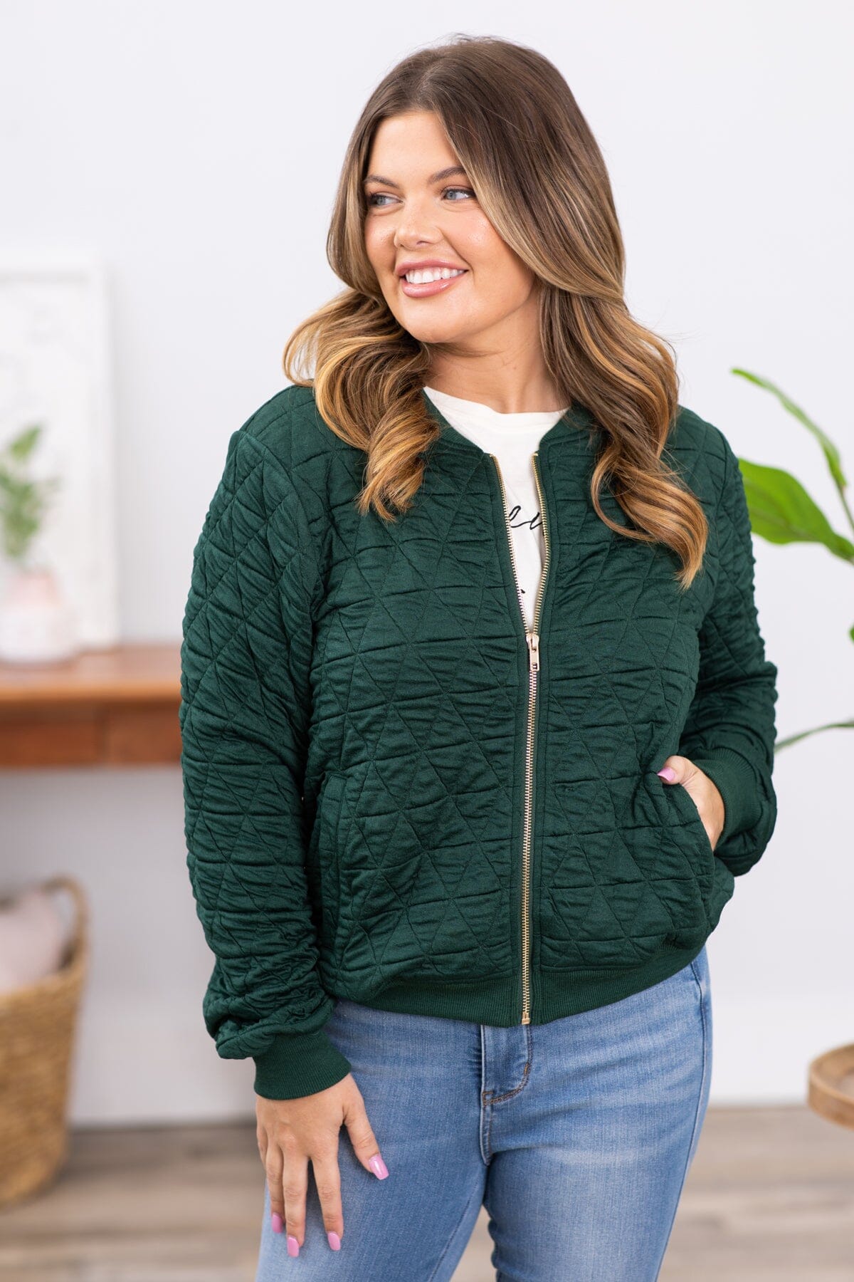 Hunter Green Quilted Bomber Jacket - Filly Flair