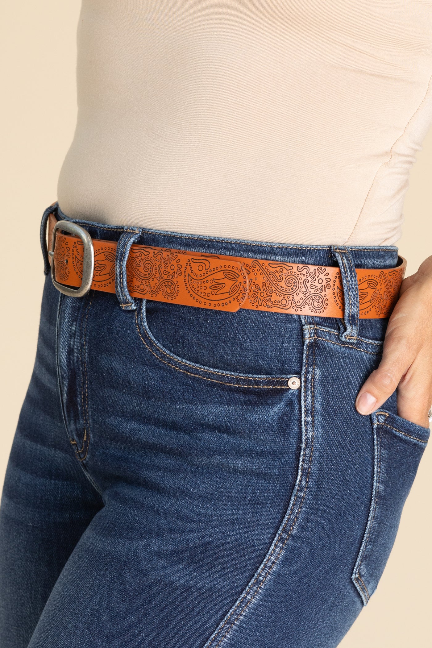 Cognac Etched Floral Faux Leather Belt