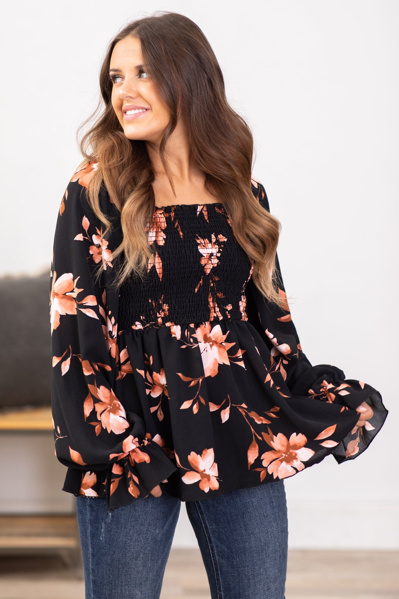 Black and Rust Square Neck Floral Print Top - Filly Flair
