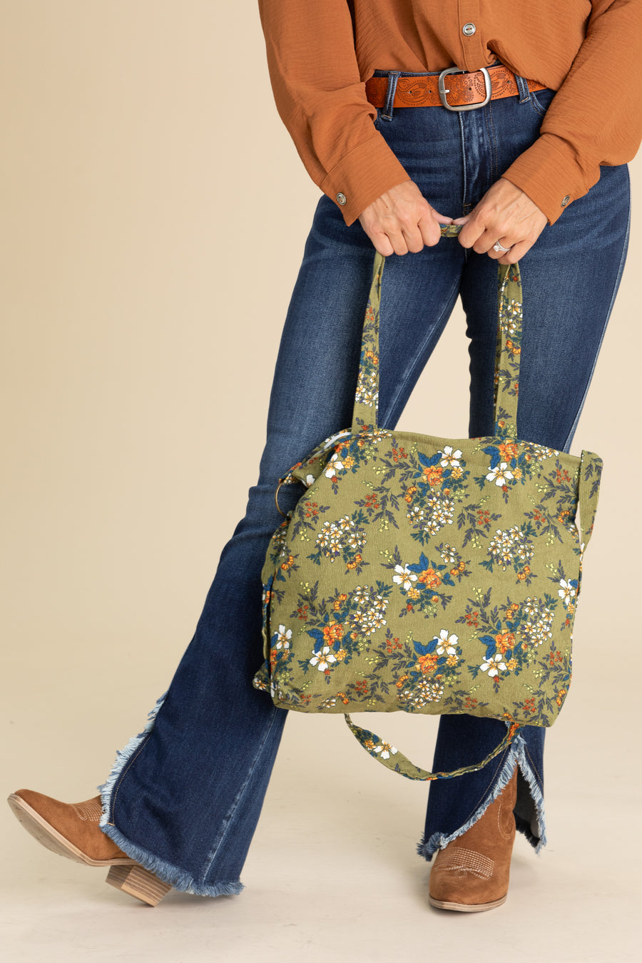 Olive Vintage Floral Corduroy Tote Bag