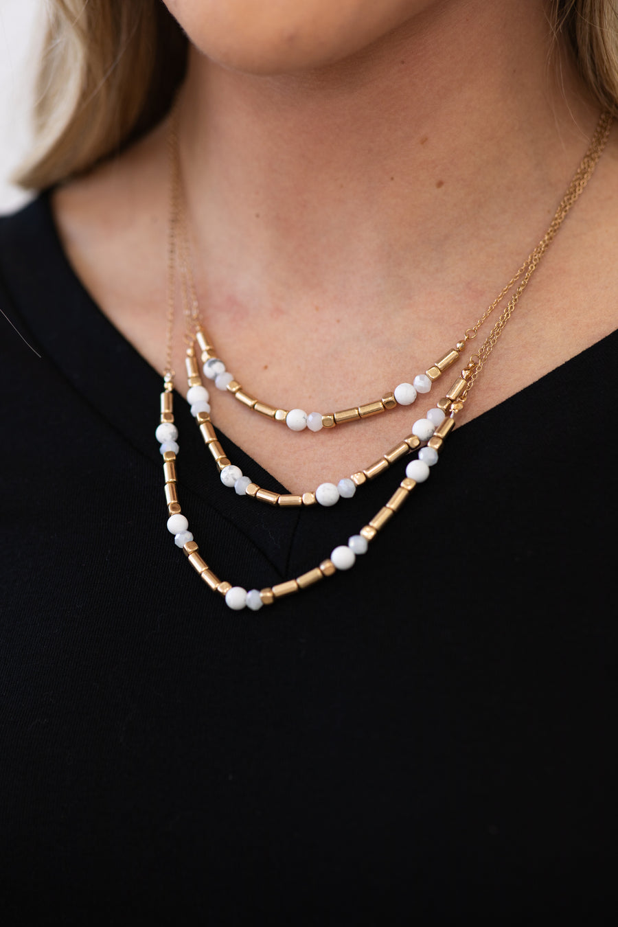 Gold and White Stone Layered Necklace