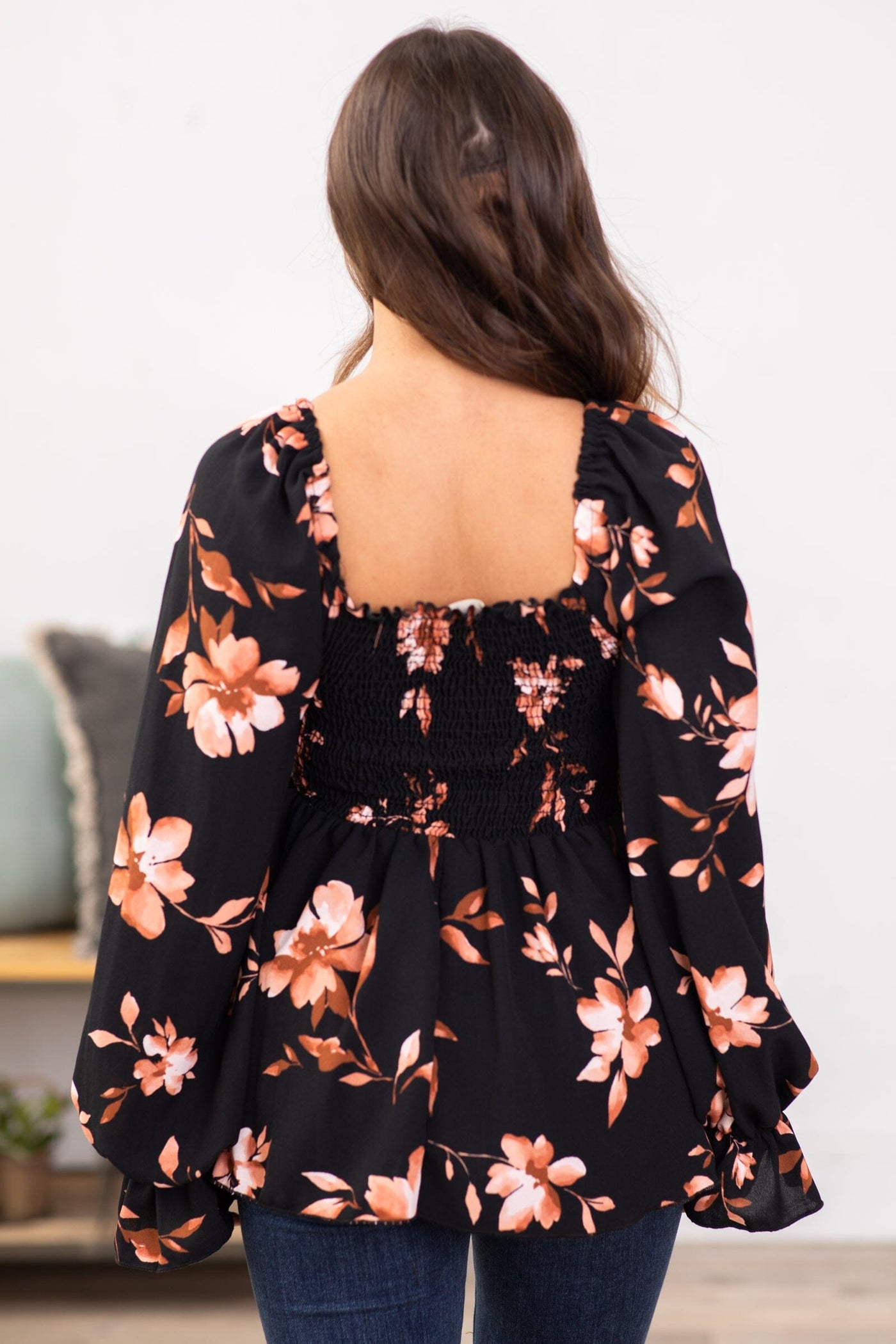 Black and Rust Square Neck Floral Print Top - Filly Flair