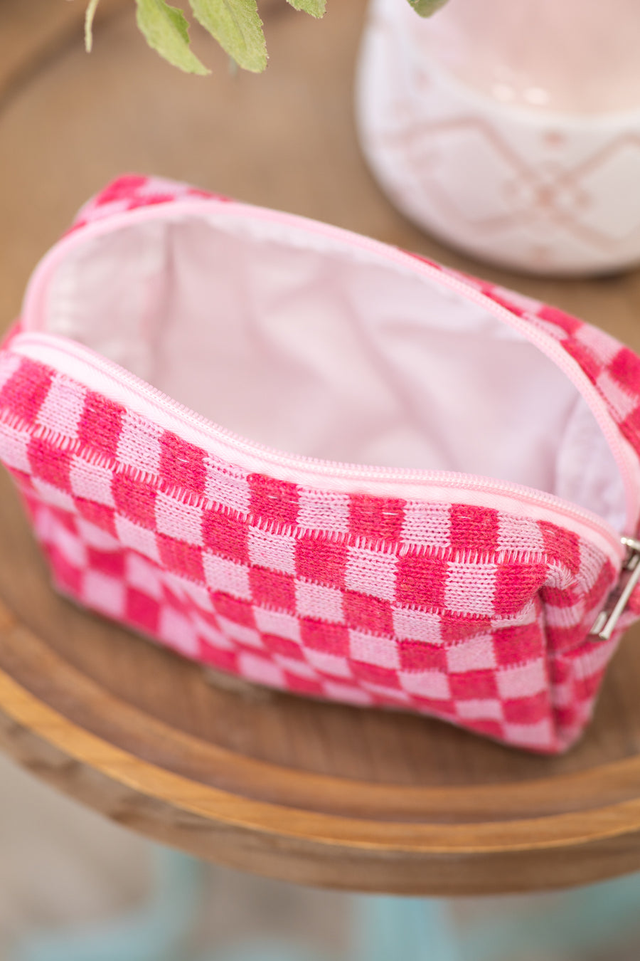 Pink Checkerboard Makeup Pouch Bag