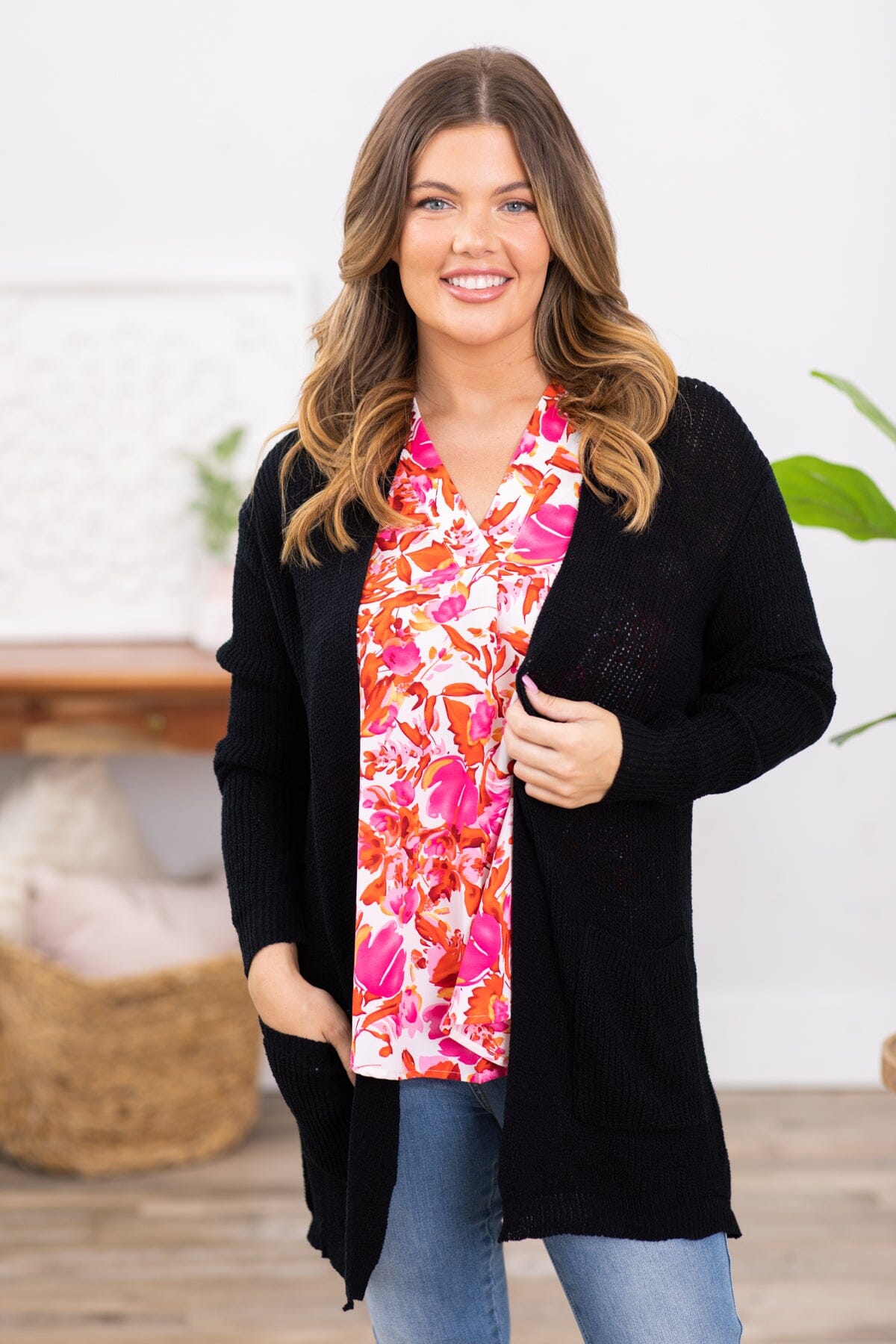 Black Sweater Cardigan With Pockets - Filly Flair