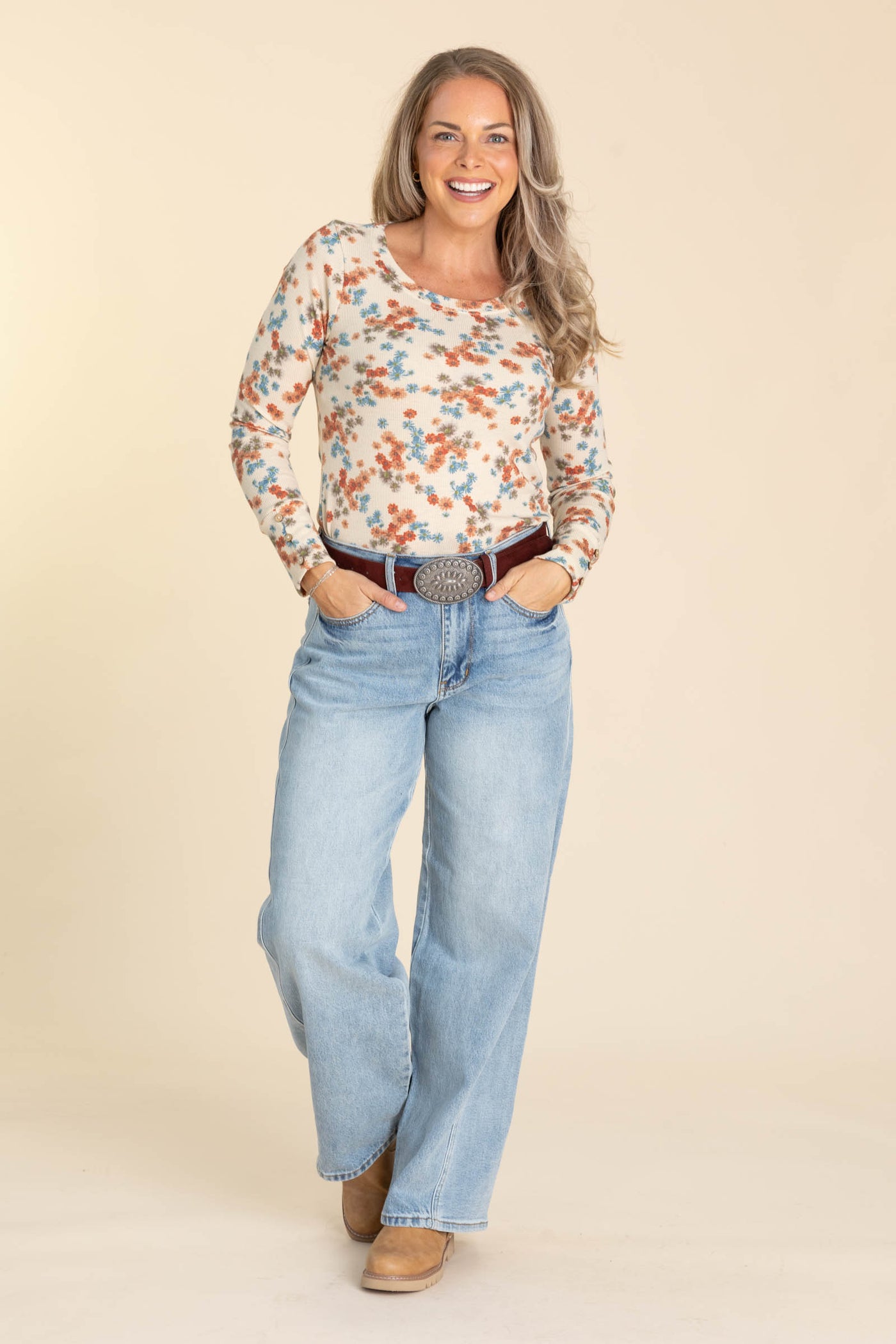 Beige Floral Print Long Sleeve Knit Top