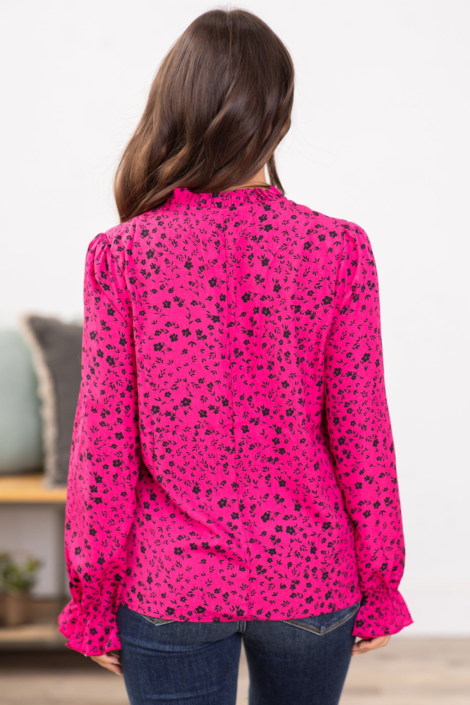 Hot Pink and Black Ditsy Floral Print Top - Filly Flair