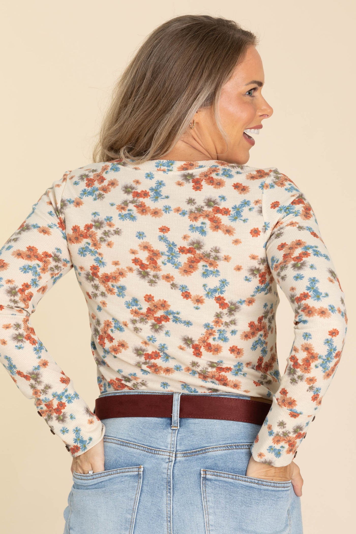 Beige Floral Print Long Sleeve Knit Top