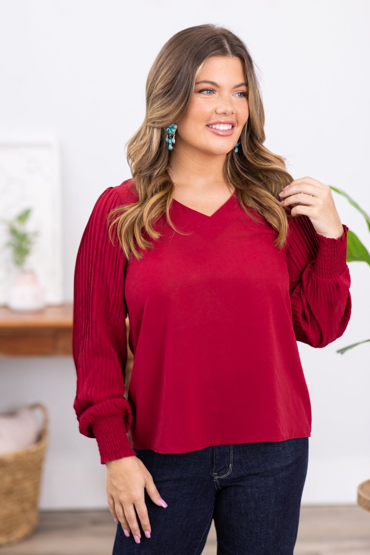 Wine V-Neck Top With Pleated Sleeves - Filly Flair