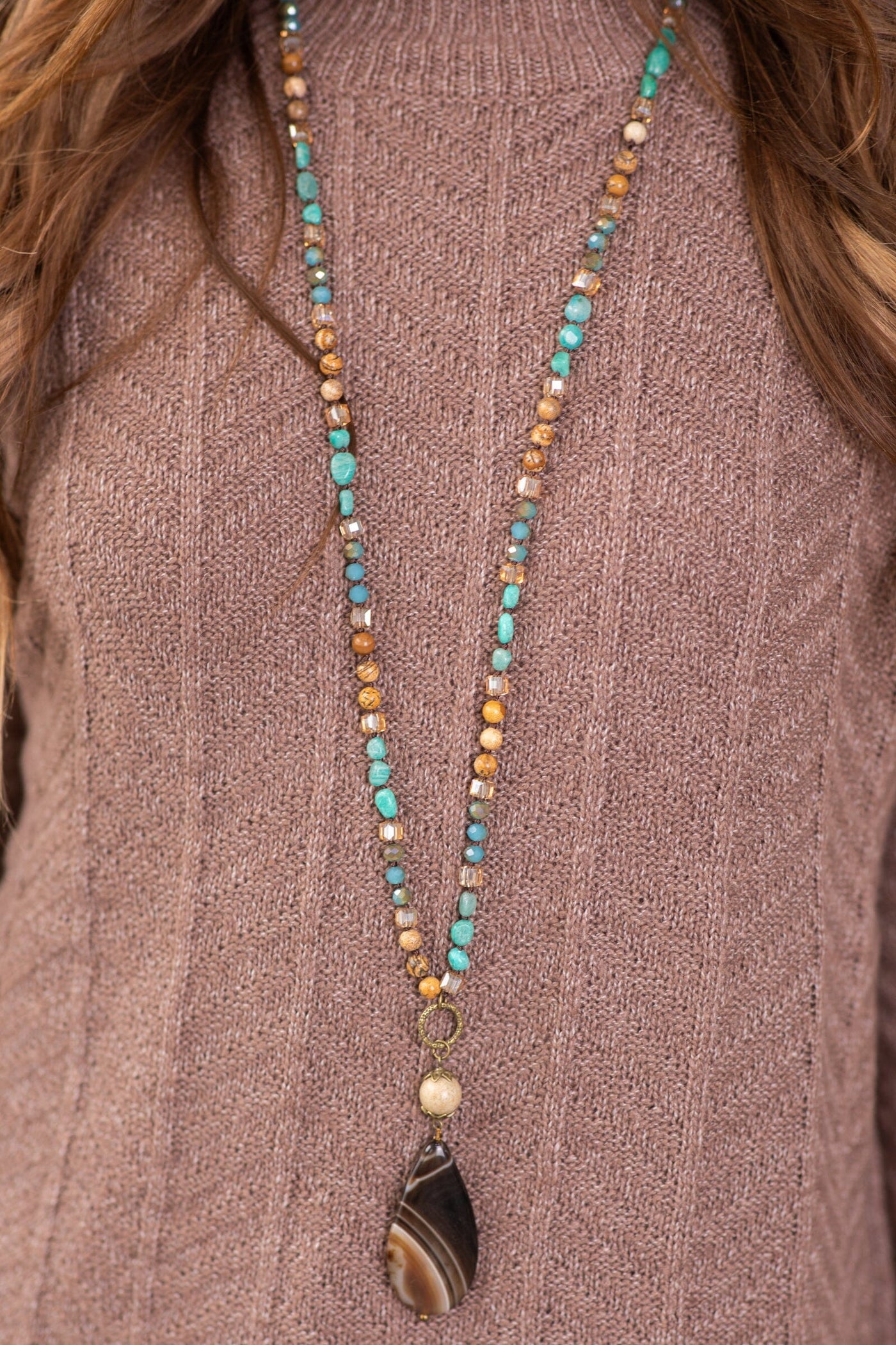Turquoise and Brown Beaded Long Necklace - Filly Flair
