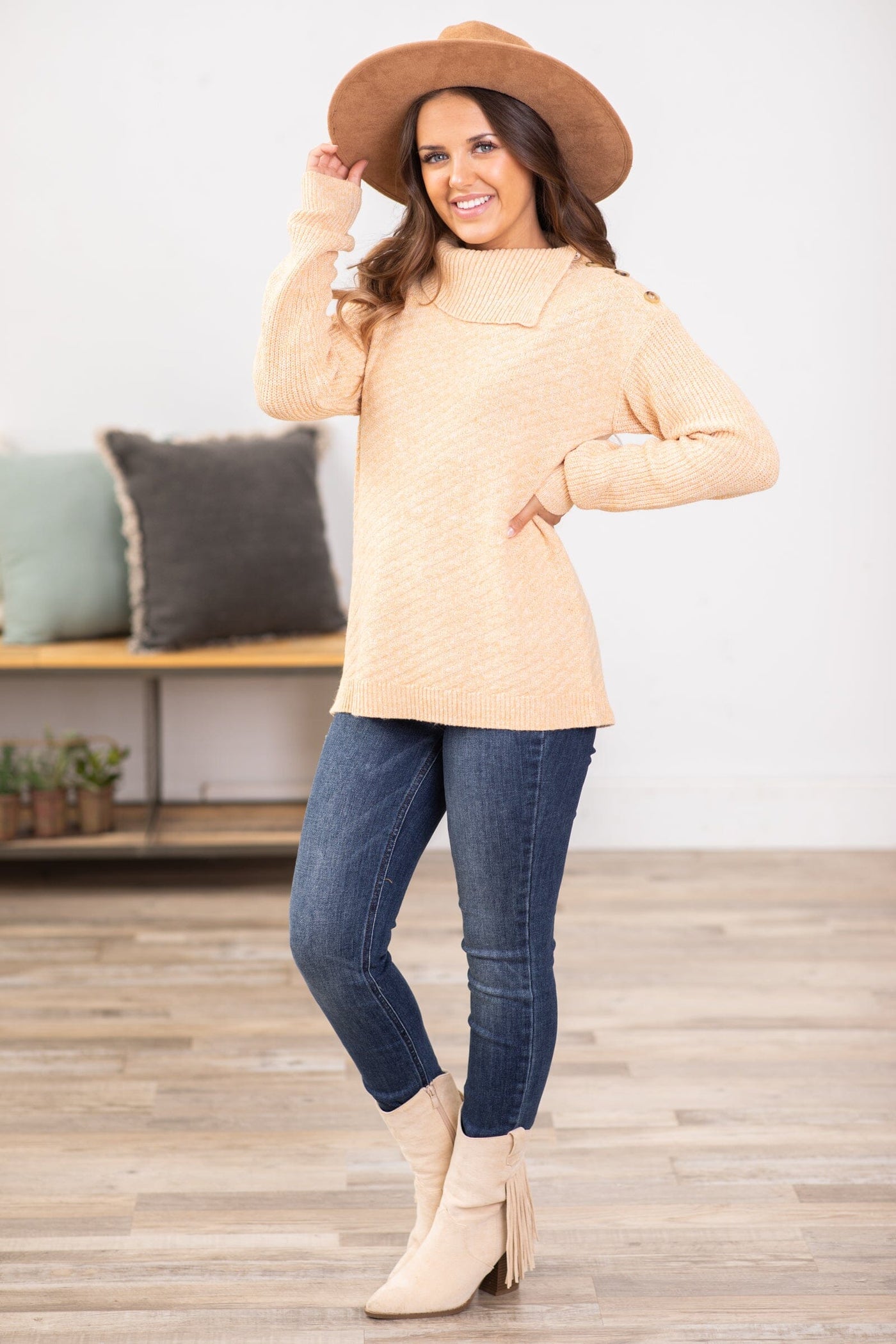 Tan Ribbed Split Neck Sweater With Buttons - Filly Flair