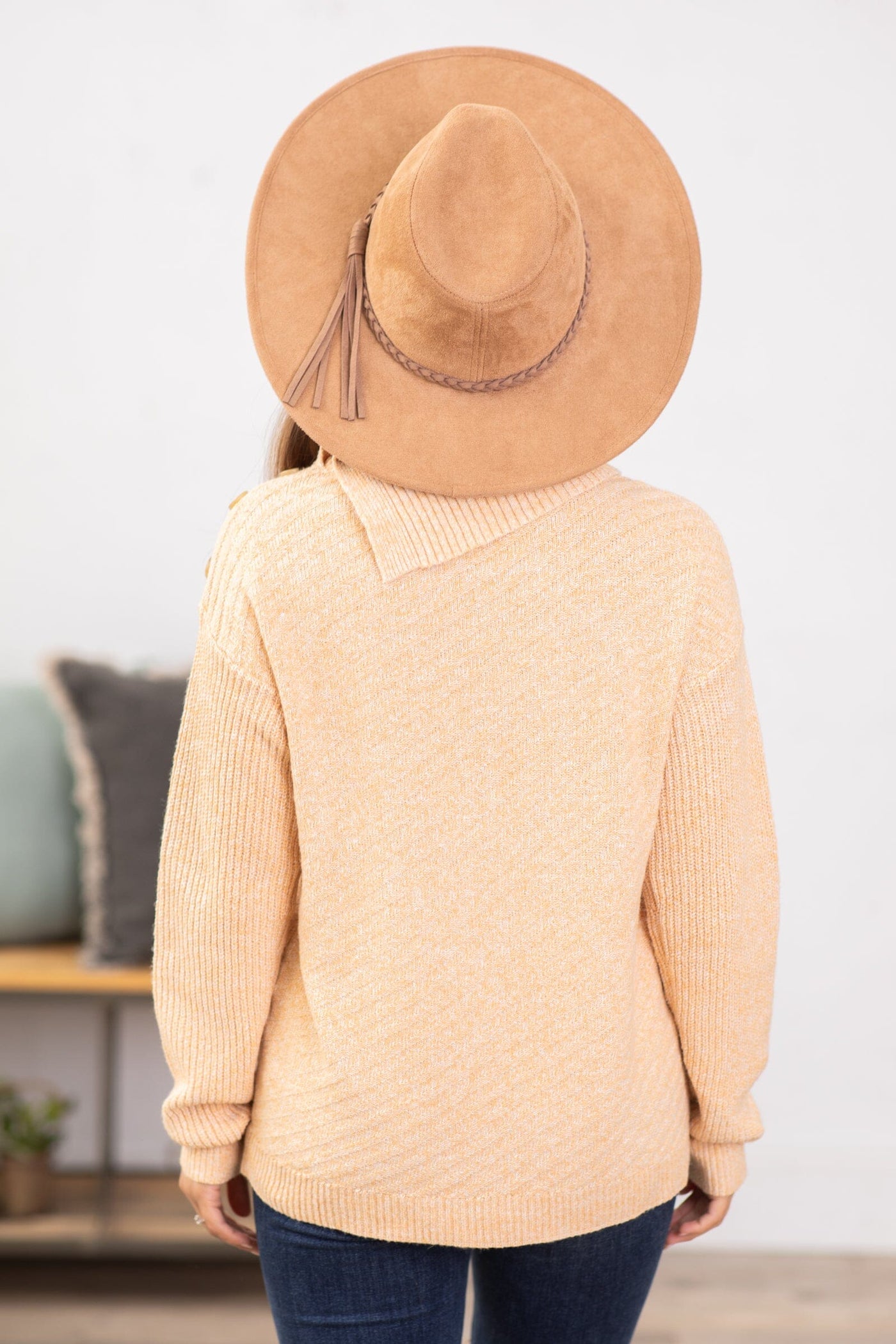 Tan Ribbed Split Neck Sweater With Buttons - Filly Flair