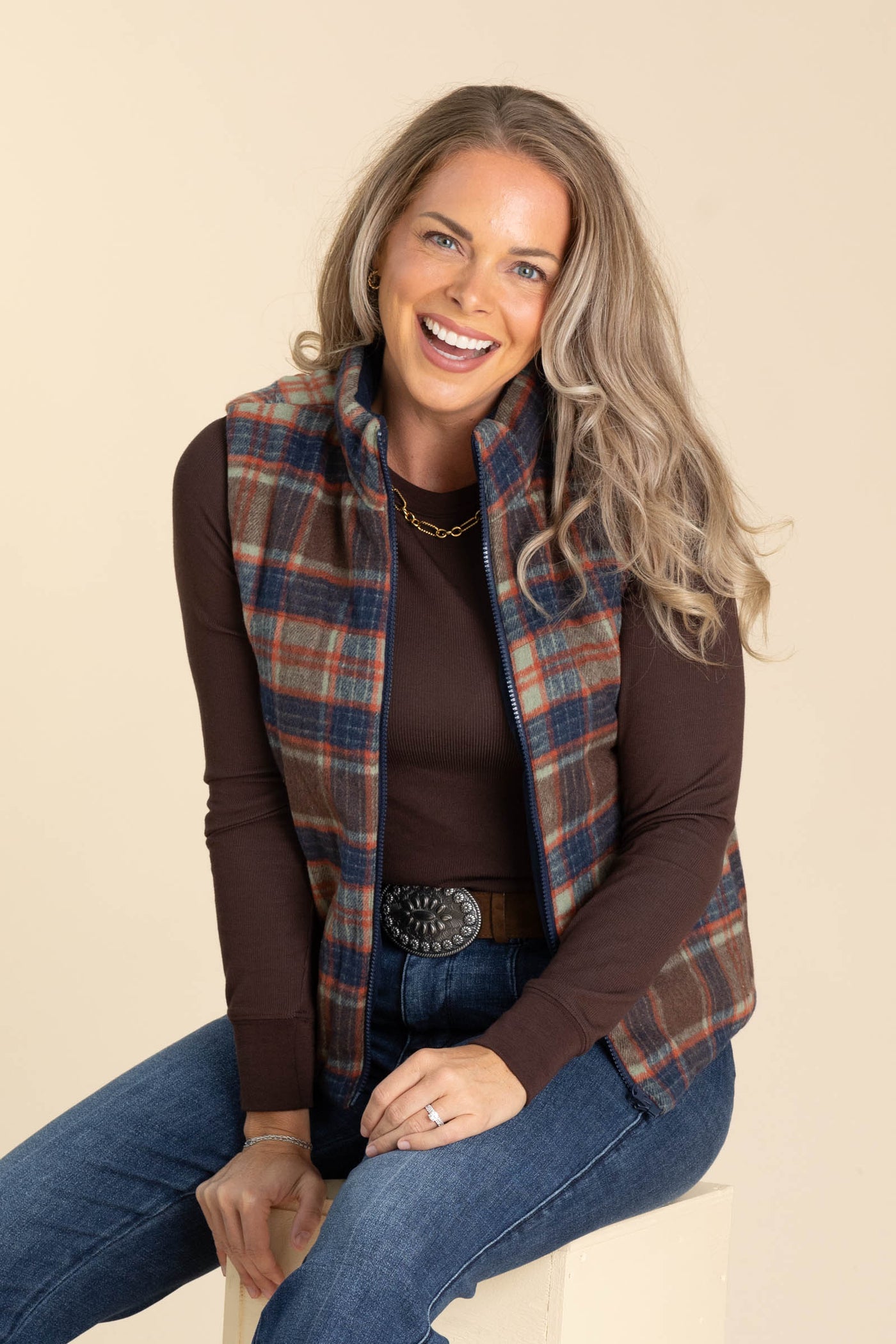 Navy And Brown Reversible Zip Up Corduroy Plaid Vest