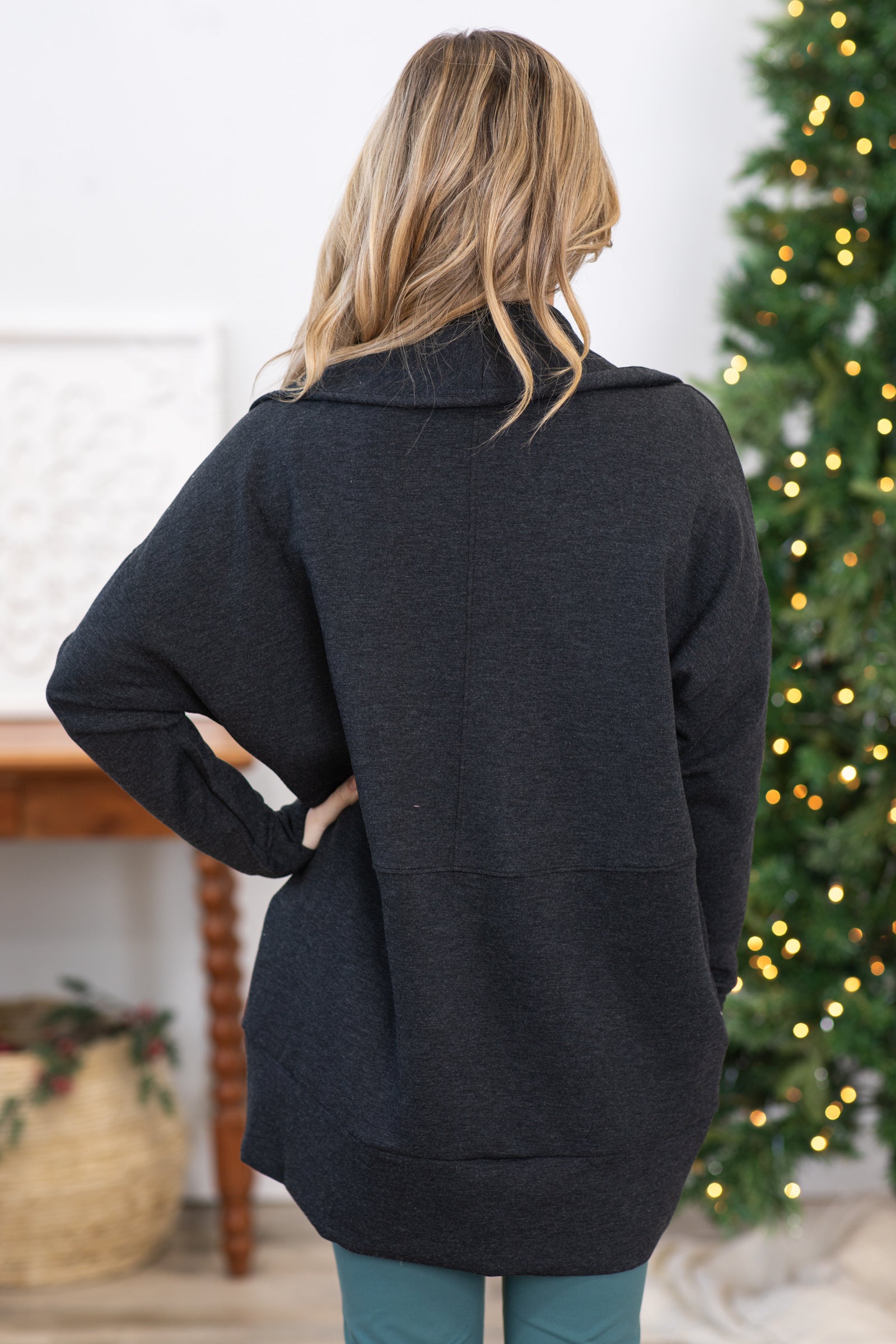 Charcoal Scuba Cardigan With Side Pockets