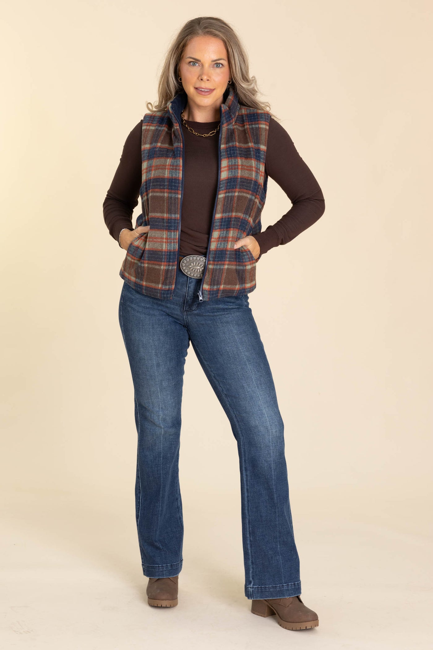 Navy And Brown Reversible Zip Up Corduroy Plaid Vest