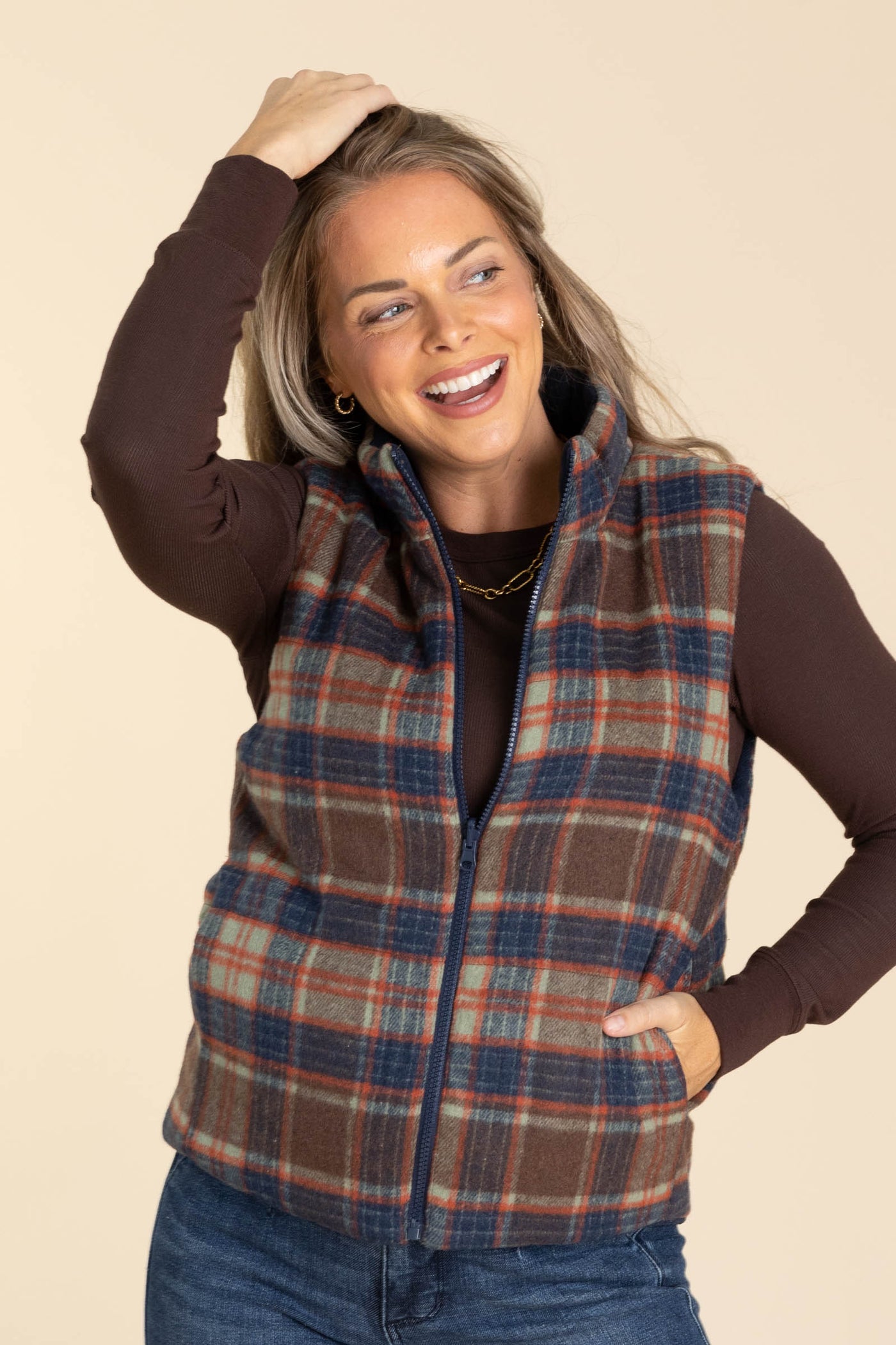 Navy And Brown Reversible Zip Up Corduroy Plaid Vest