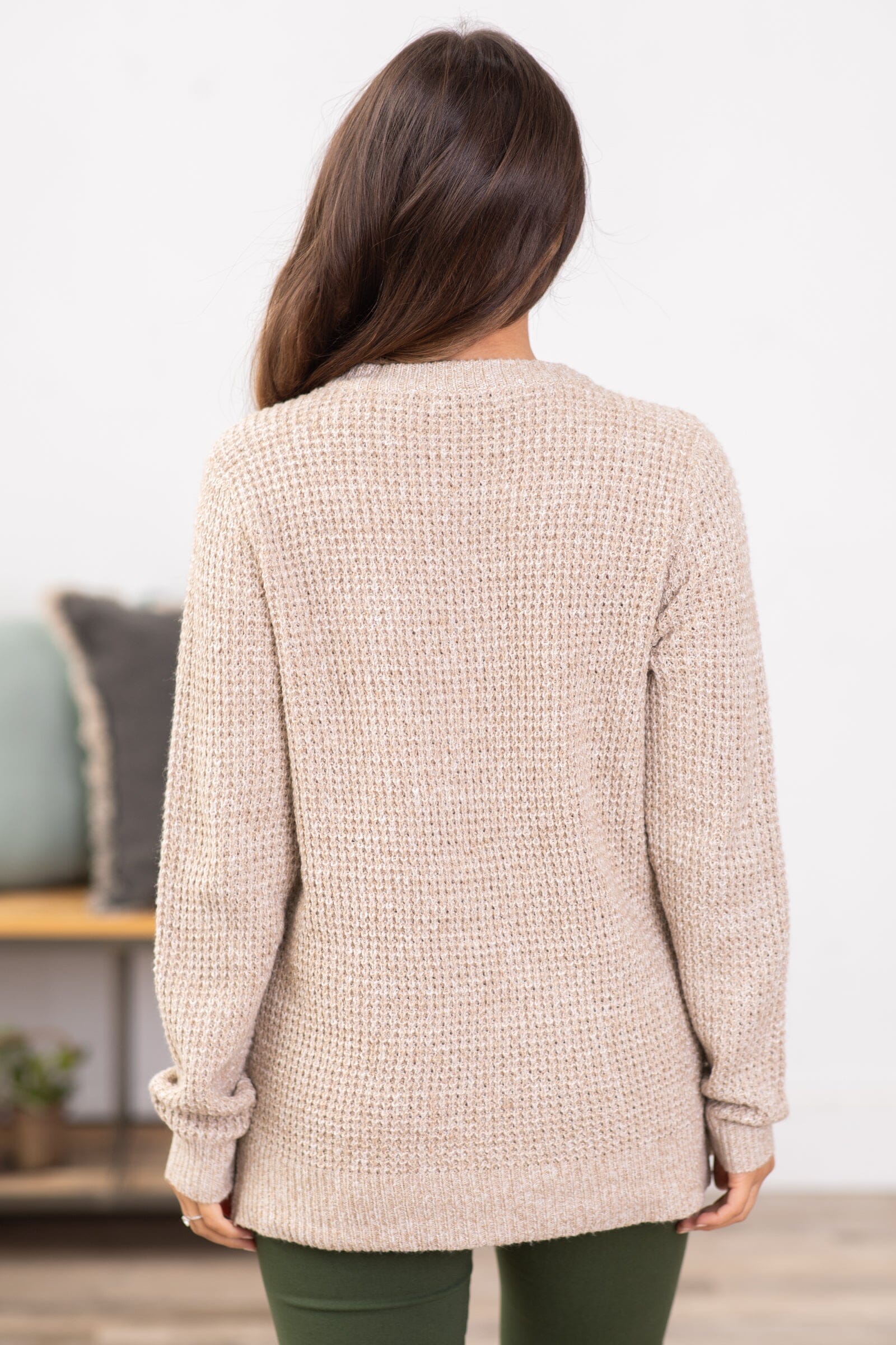 Tan Waffle Knit Round Neck Sweater - Filly Flair