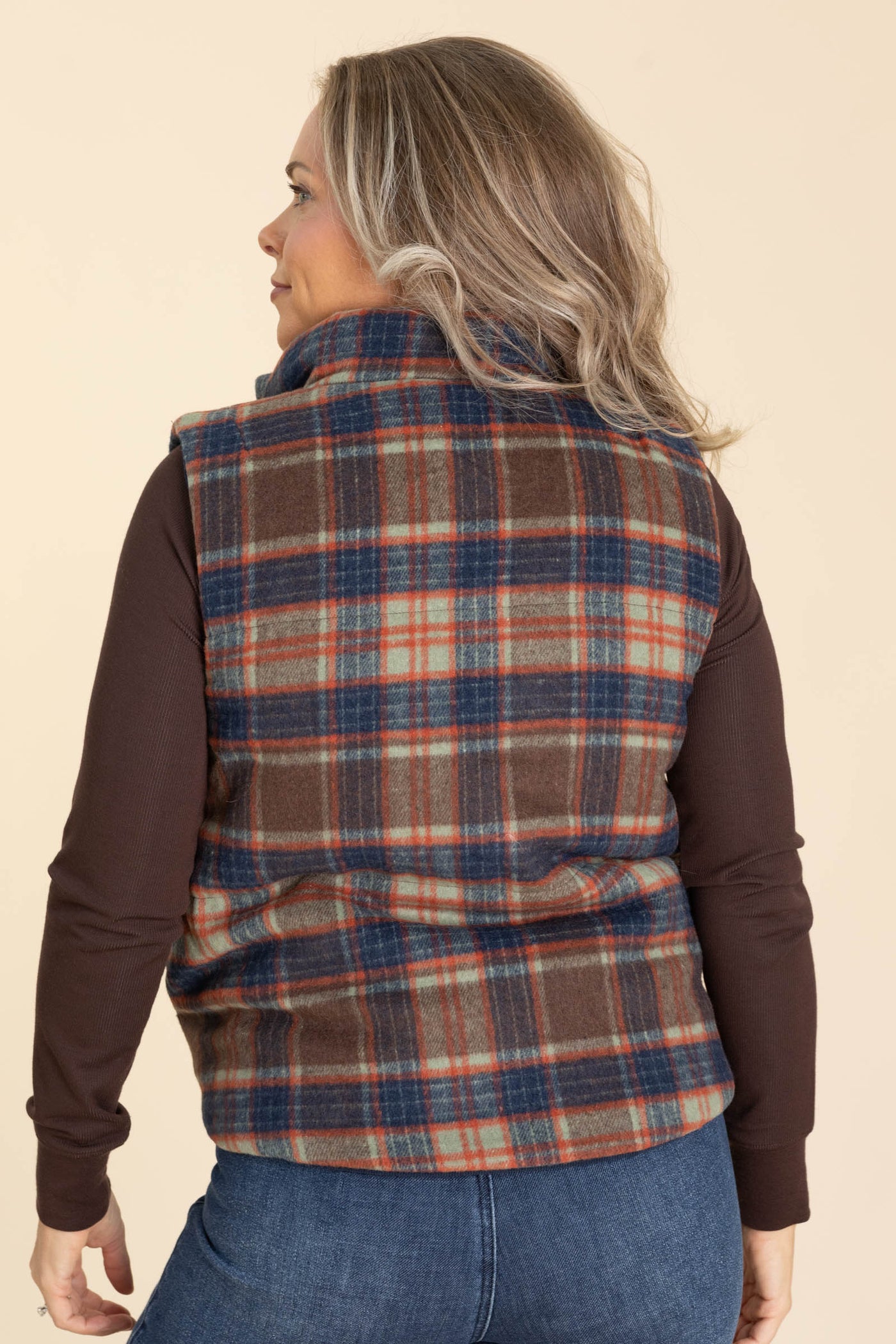 Navy And Brown Reversible Zip Up Corduroy Plaid Vest