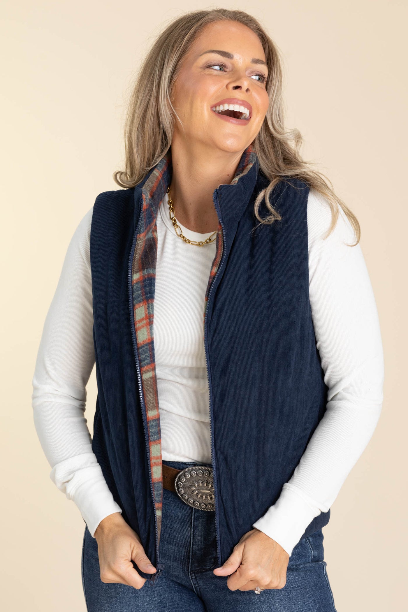 Navy And Brown Reversible Zip Up Corduroy Plaid Vest