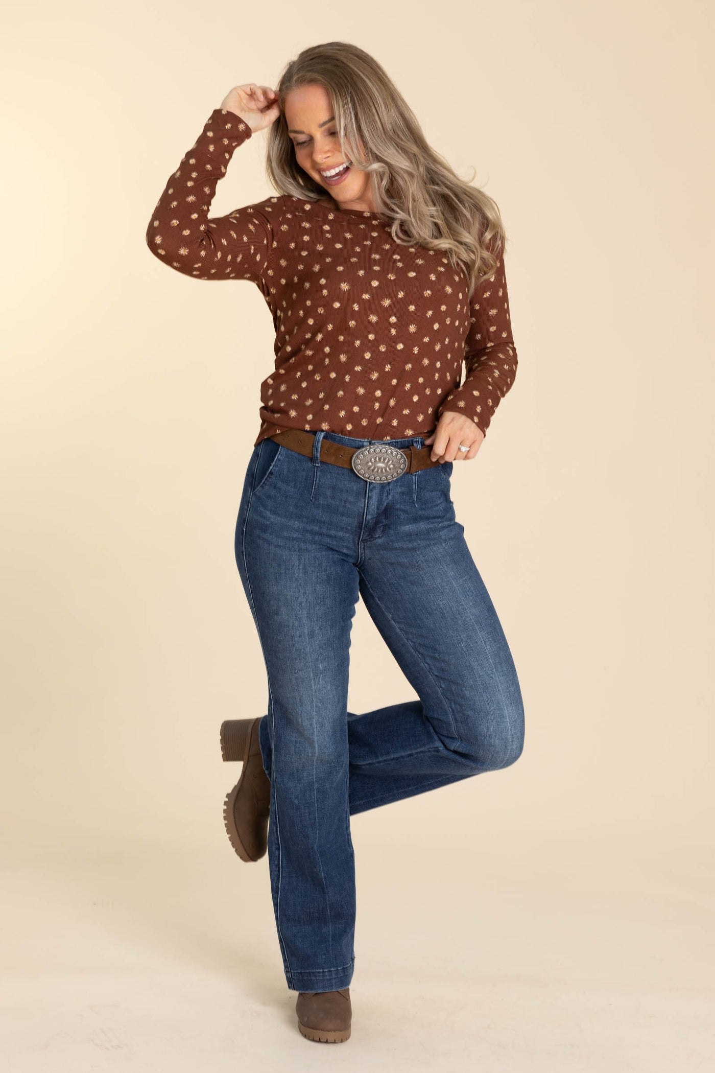 Brown Floral Rib Long Sleeve Knit Top