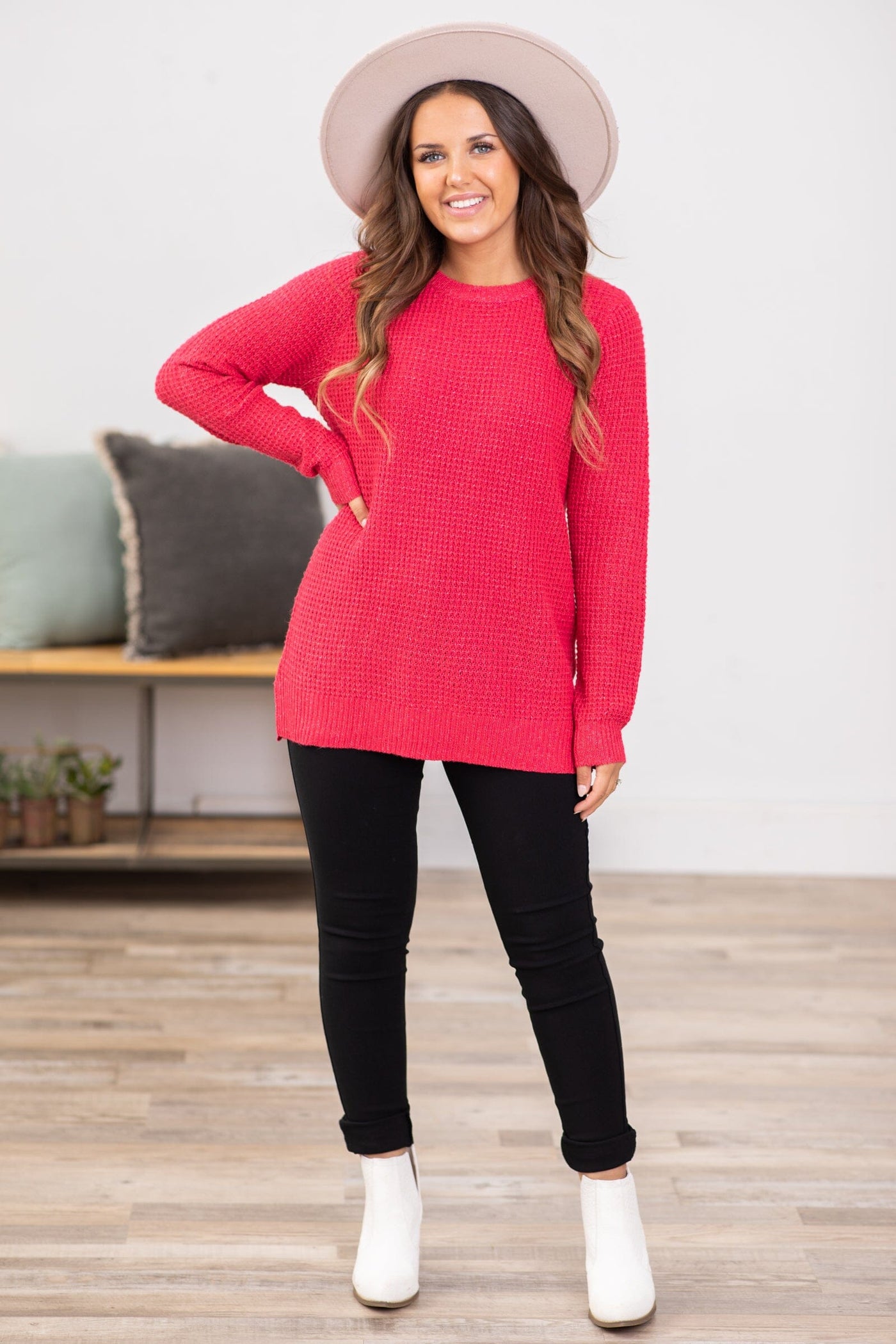 Raspberry Waffle Knit Round Neck Sweater - Filly Flair