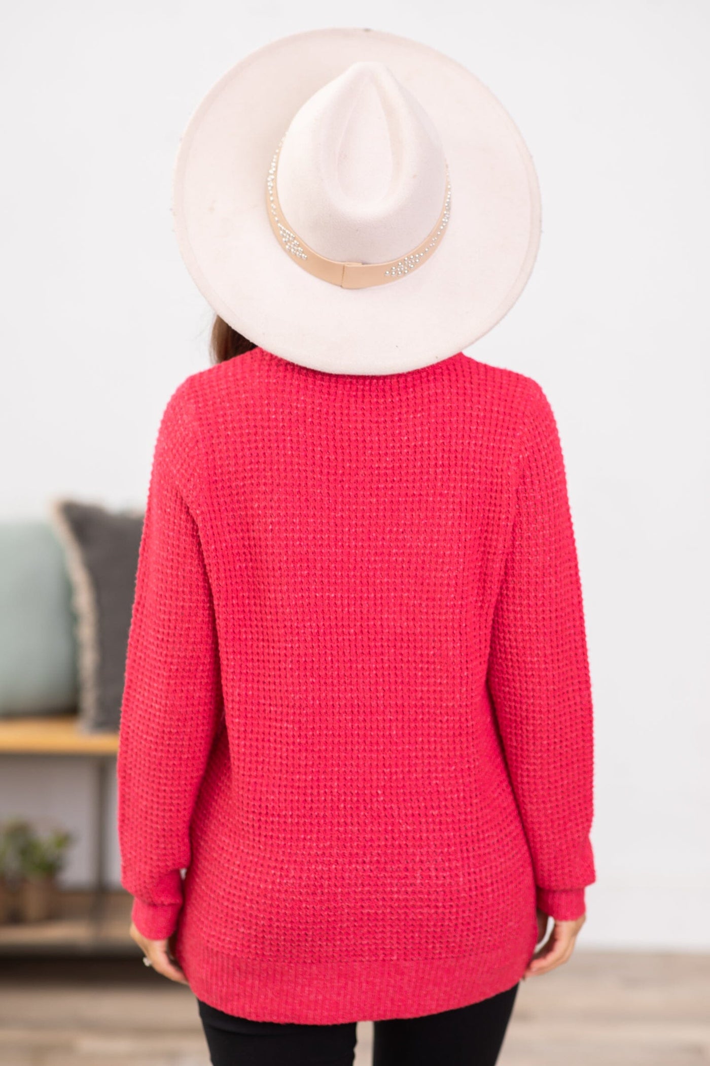 Raspberry Waffle Knit Round Neck Sweater - Filly Flair