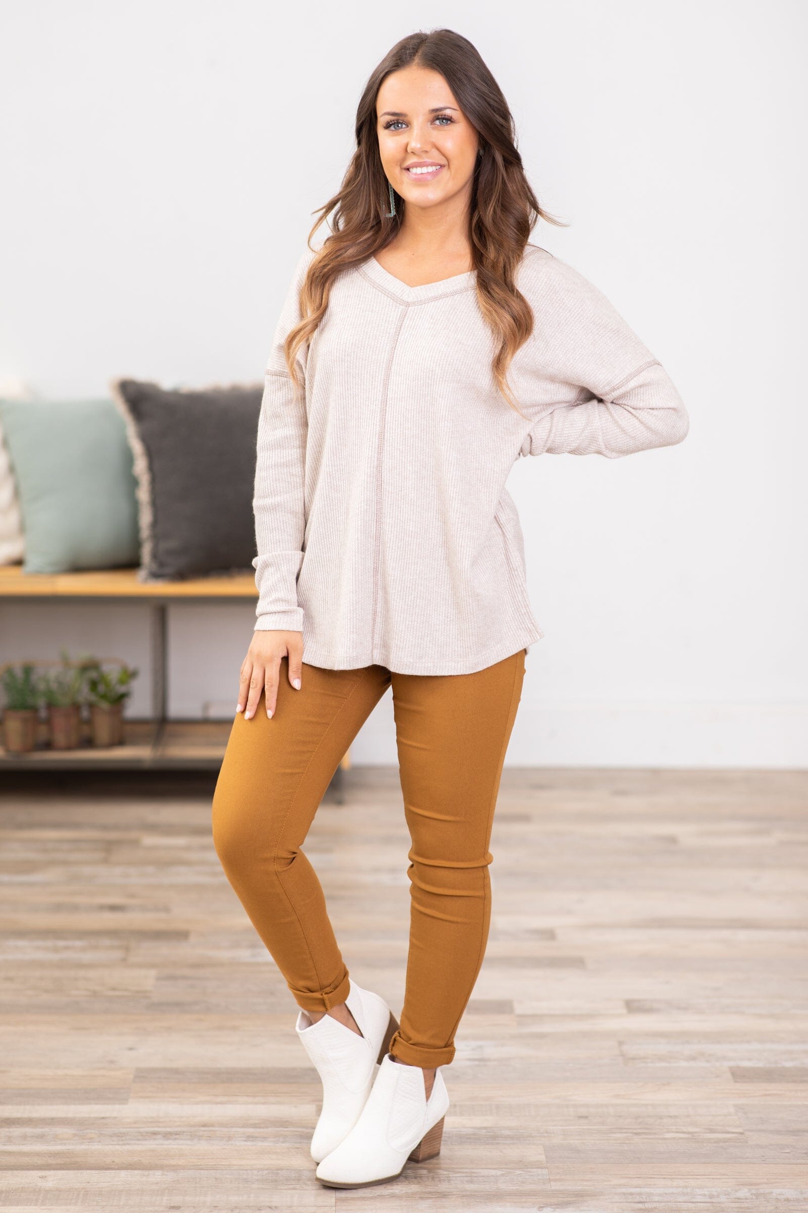 Oatmeal V-Neck Contrast Stitch Top - Filly Flair