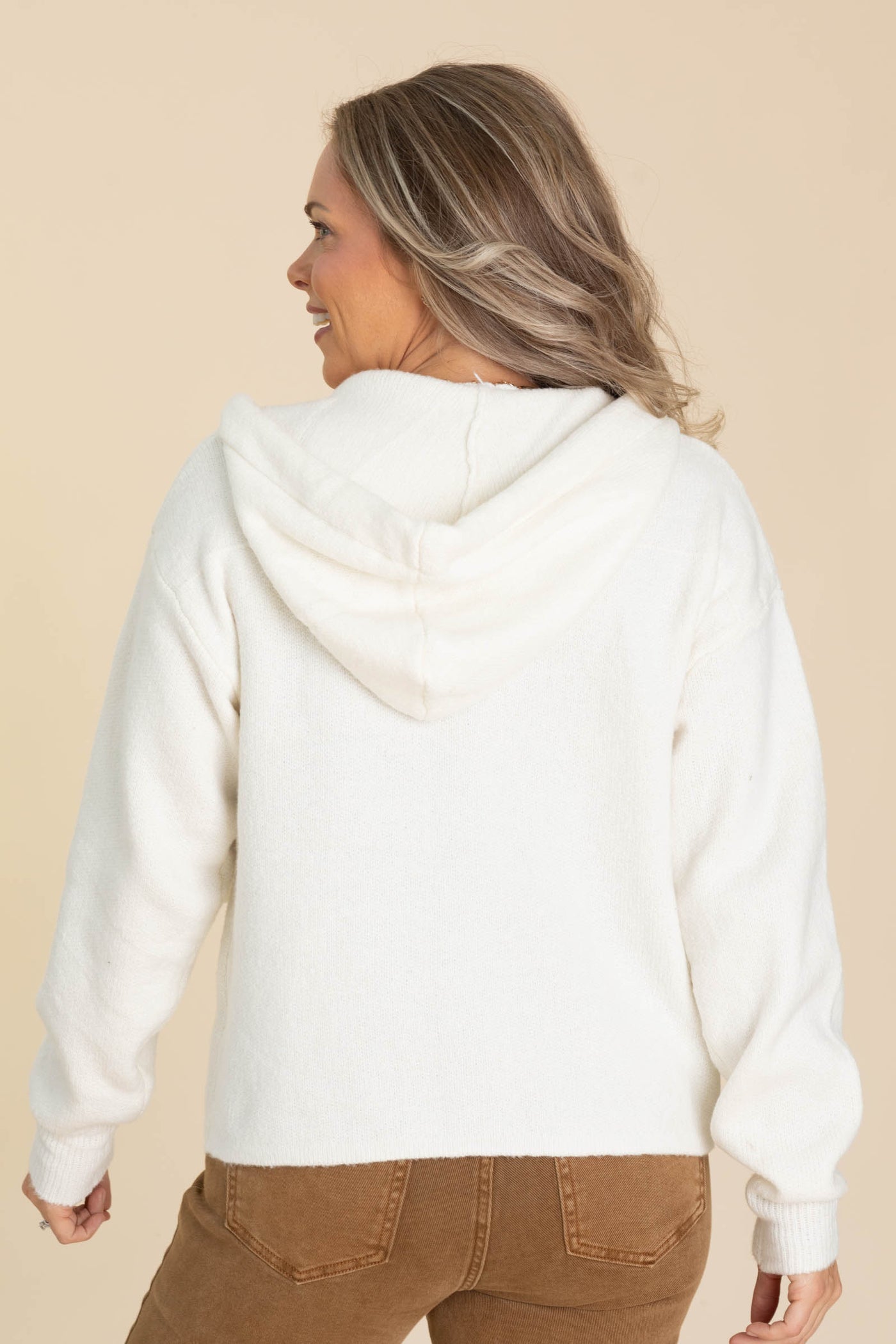 Ivory Drawstring Hoodie Sweater Jacket