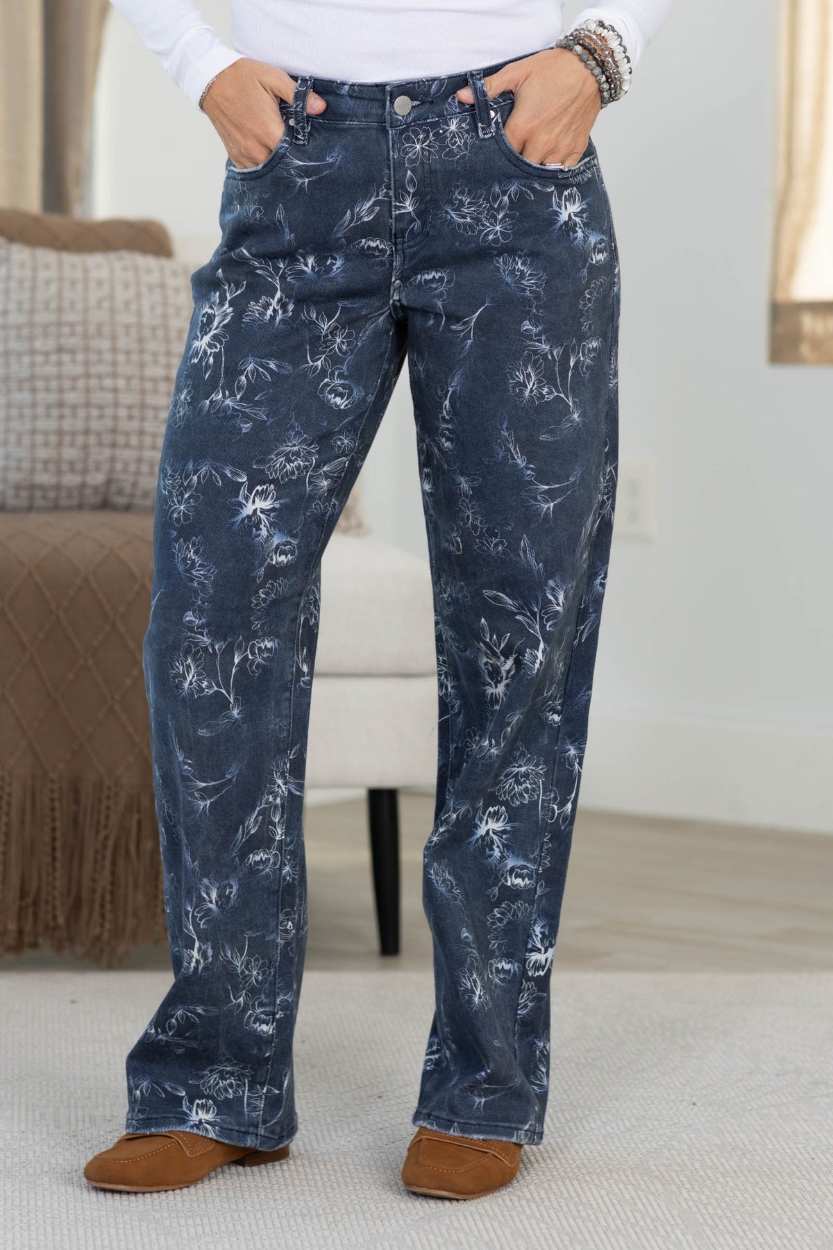 Risen Navy Floral Print Slouchy Jeans