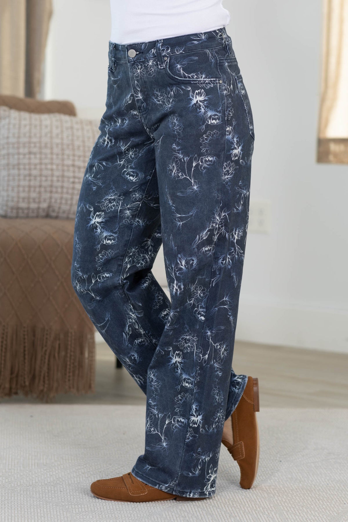 Risen Navy Floral Print Slouchy Jeans