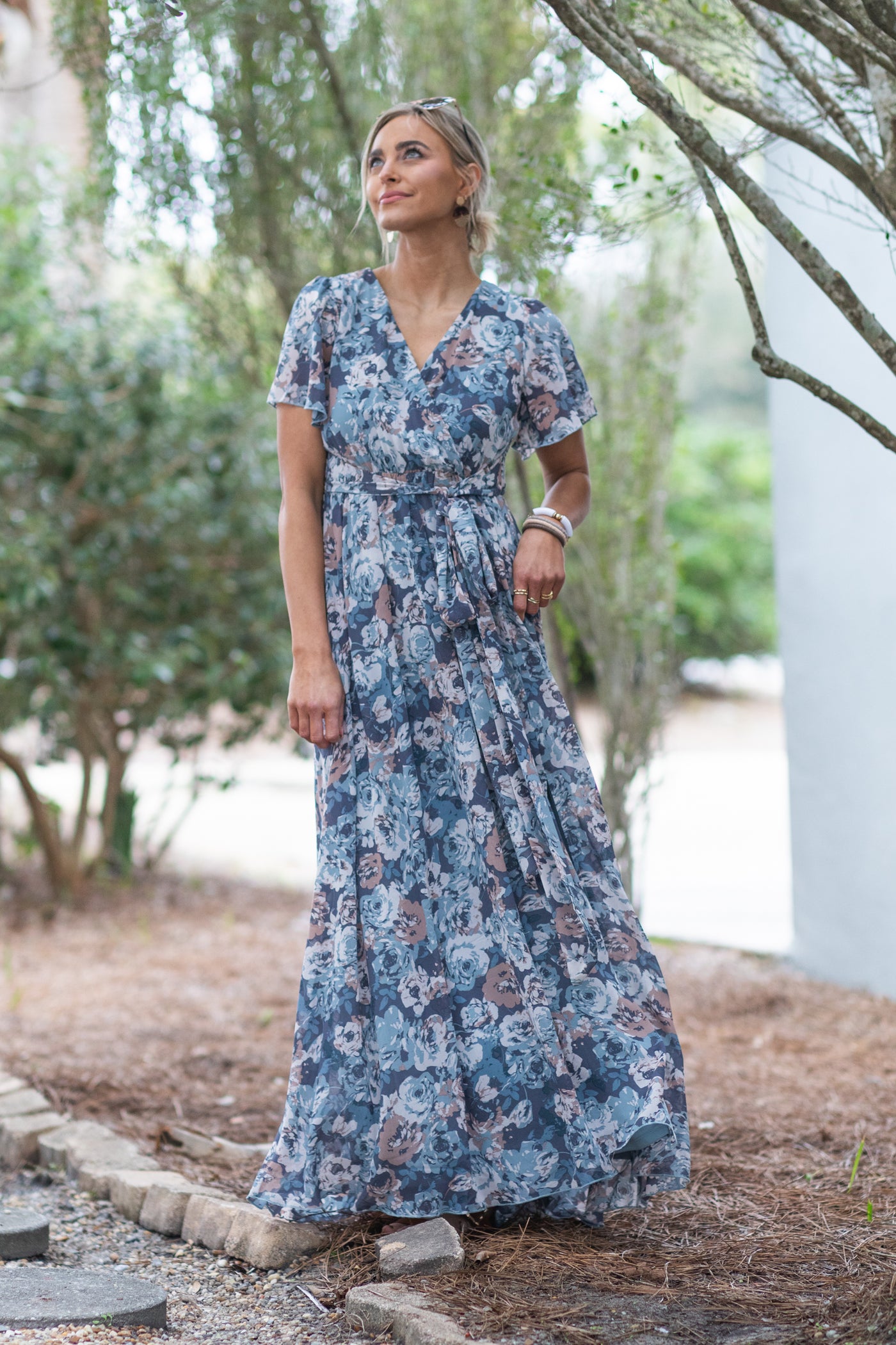 Slate Blue Blouse Floral Waist Band Maxi Dress - S Slate Blue Blouse Floral Waist Band Maxi Dress - S