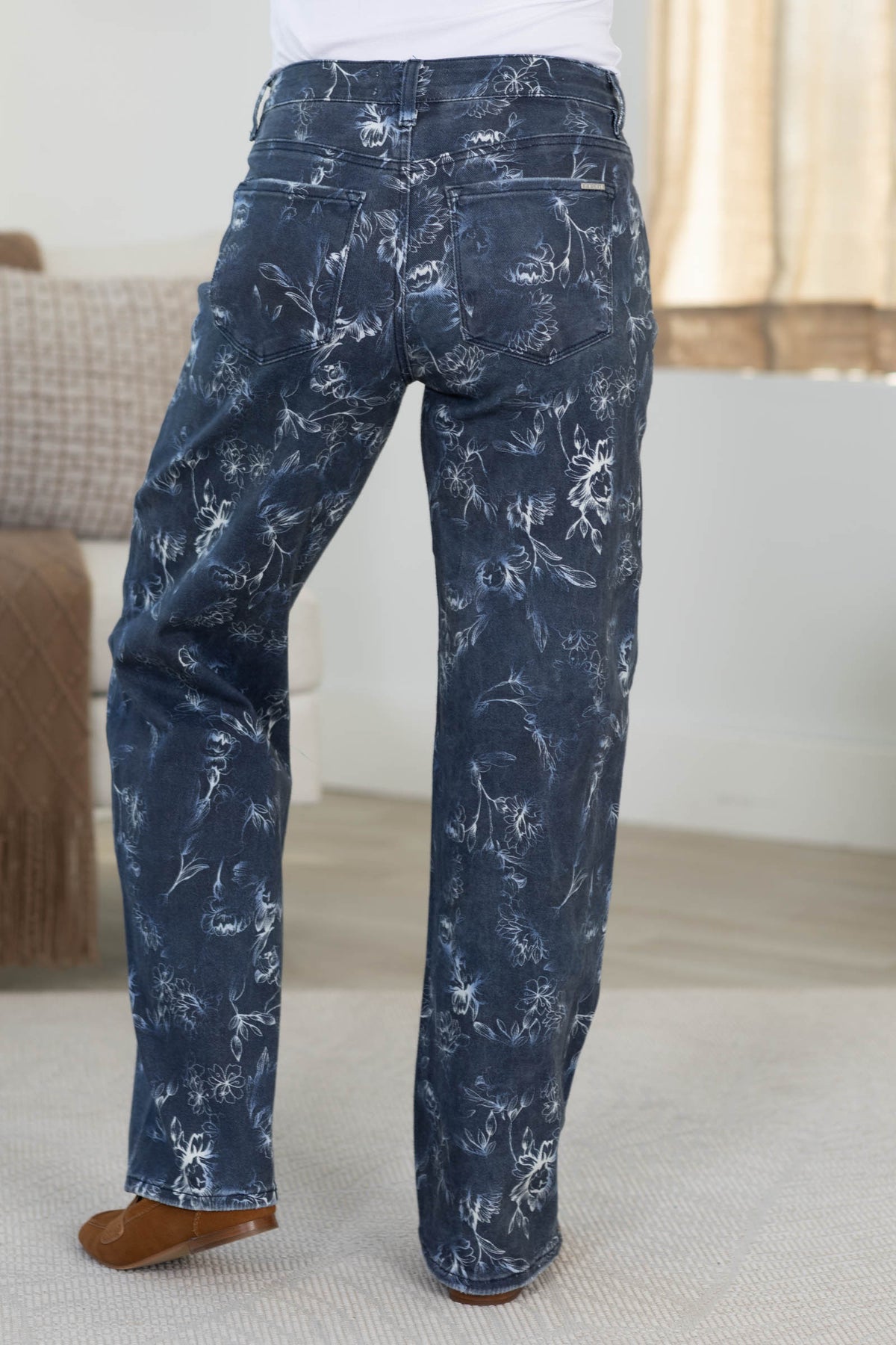 Risen Navy Floral Print Slouchy Jeans