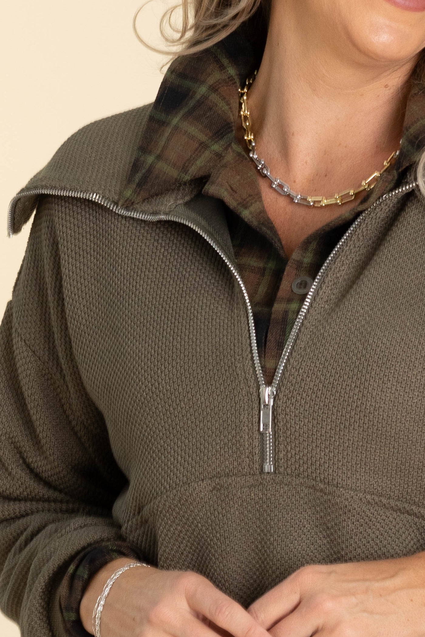 Olive Oversized Lapel Quarter Zip Knit Pullover