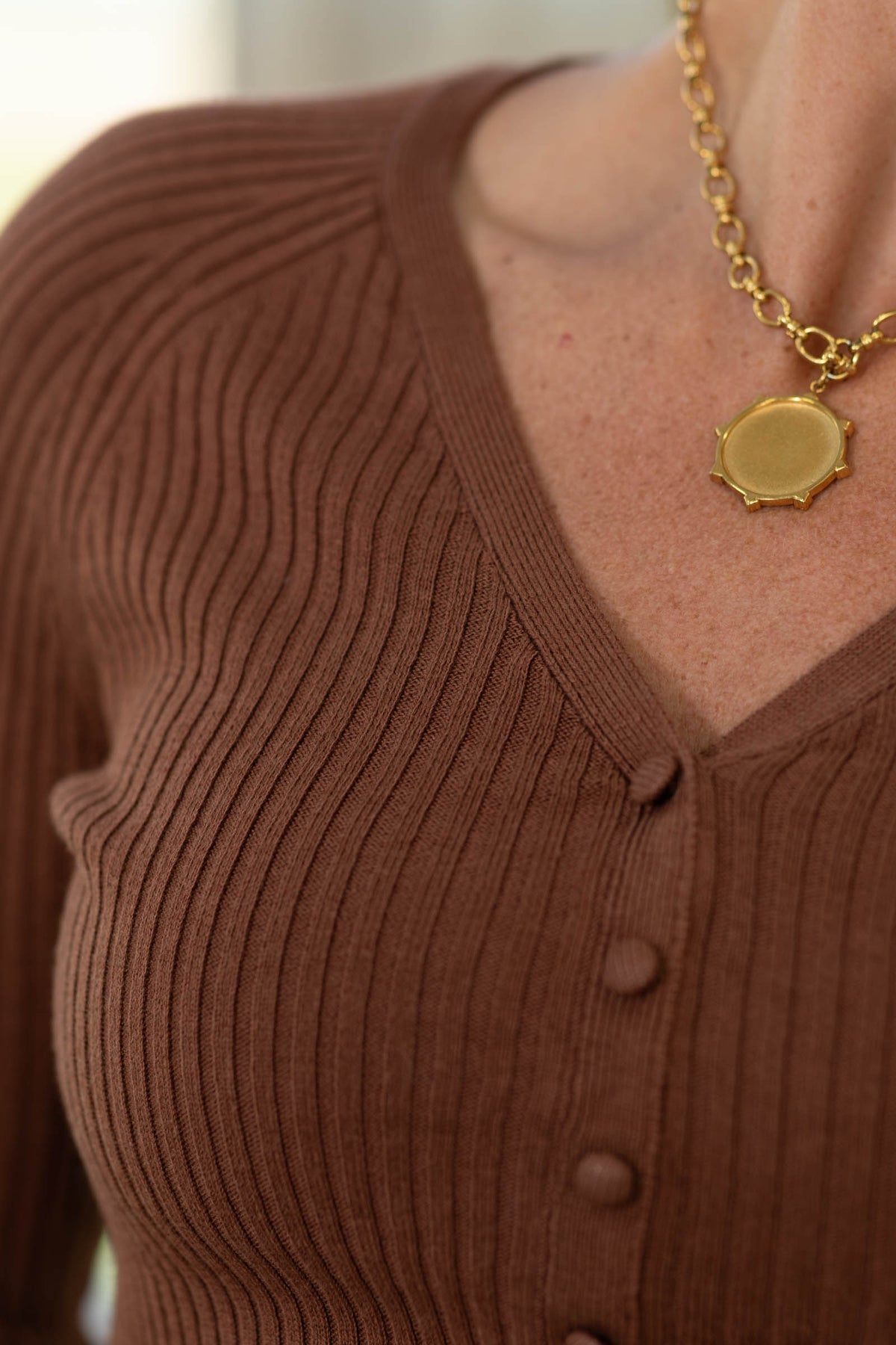 Slim Fit V-Neck Button Up Ribbed Sweater Top
