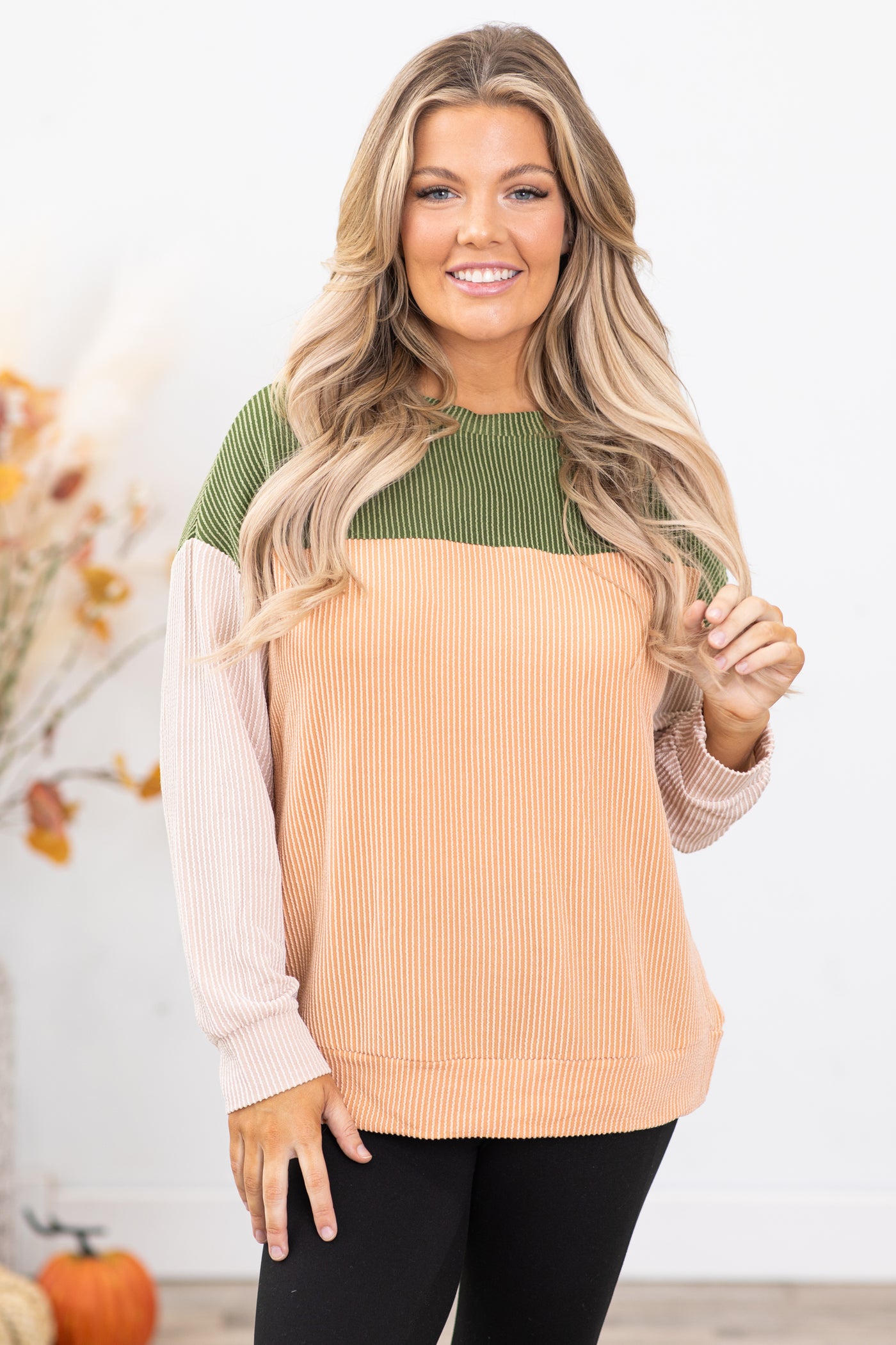 Olive and Tan Colorblock Top