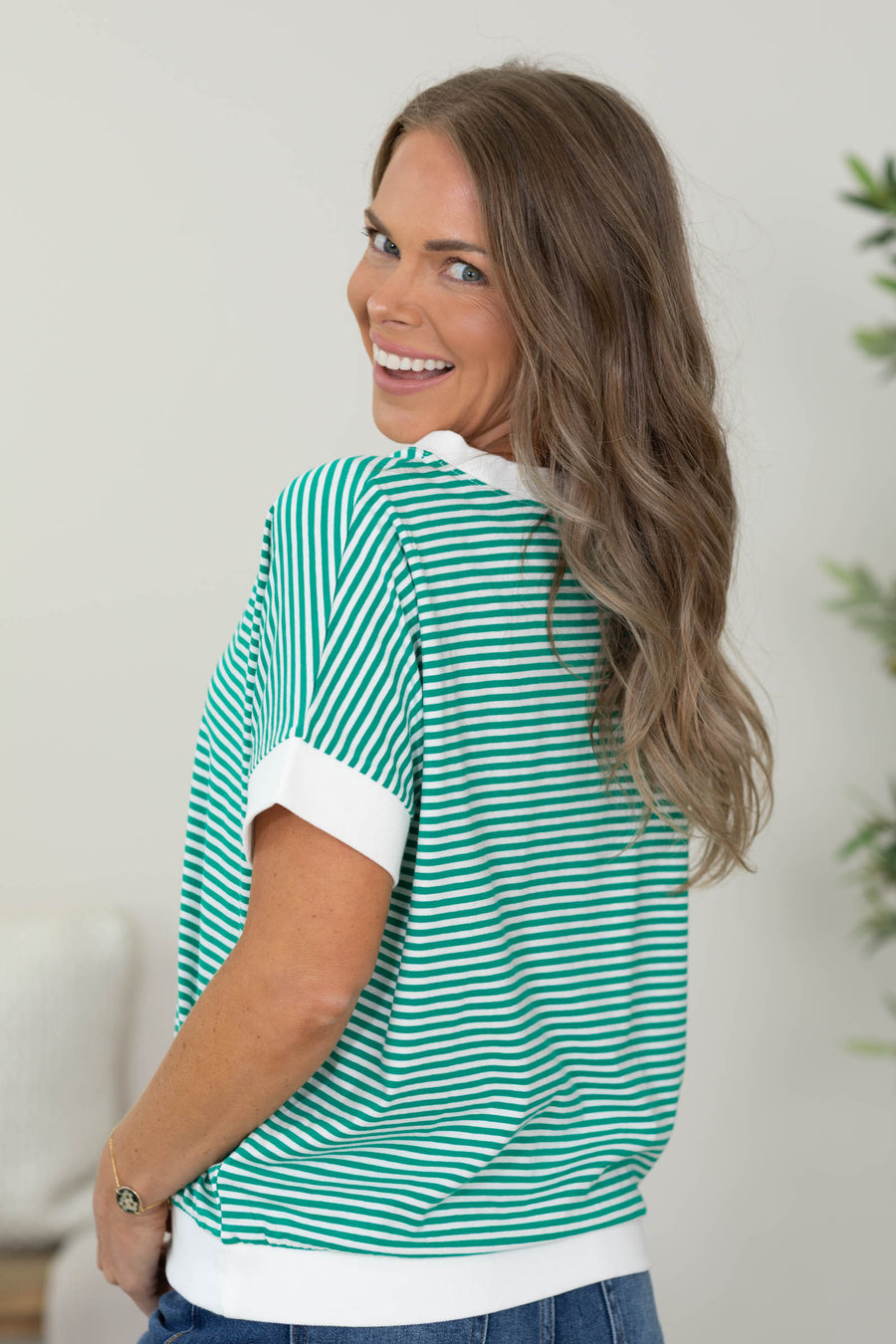 Stripe Contrast Trim Rib Banded Knit Top
